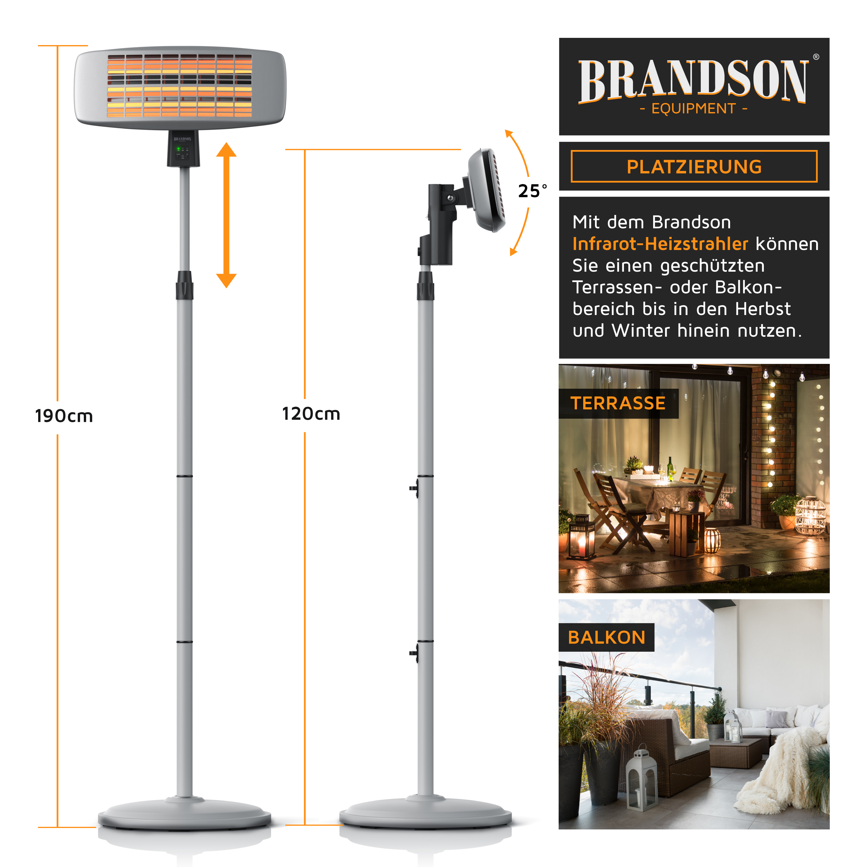 Infrared heater with adjustable height and tilt, shown for terrace and balcony use.