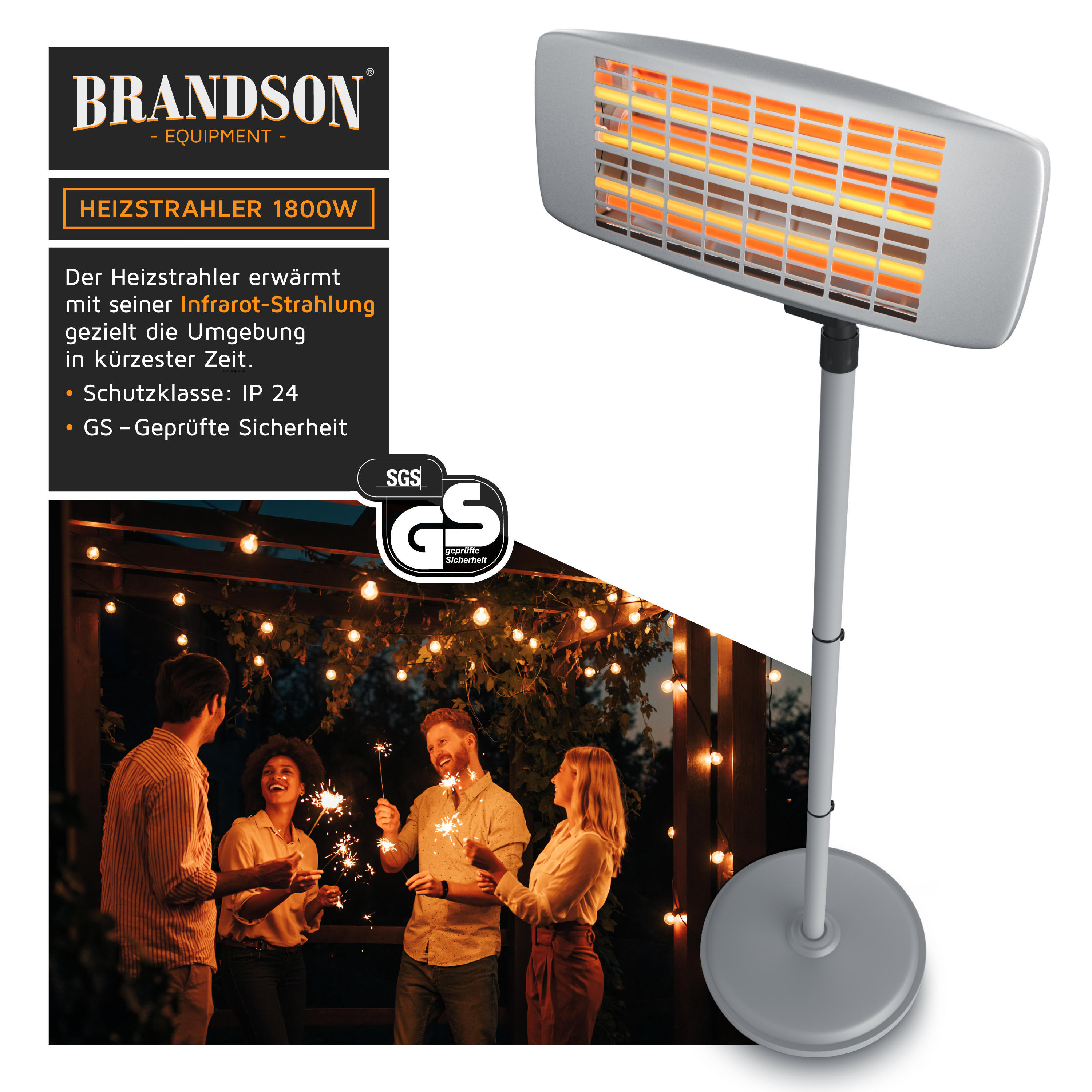 Brandson 1800W Infrarot-Heizstrahler und eine Gruppe von Freunden mit Wunderkerzen draußen bei Nacht.
