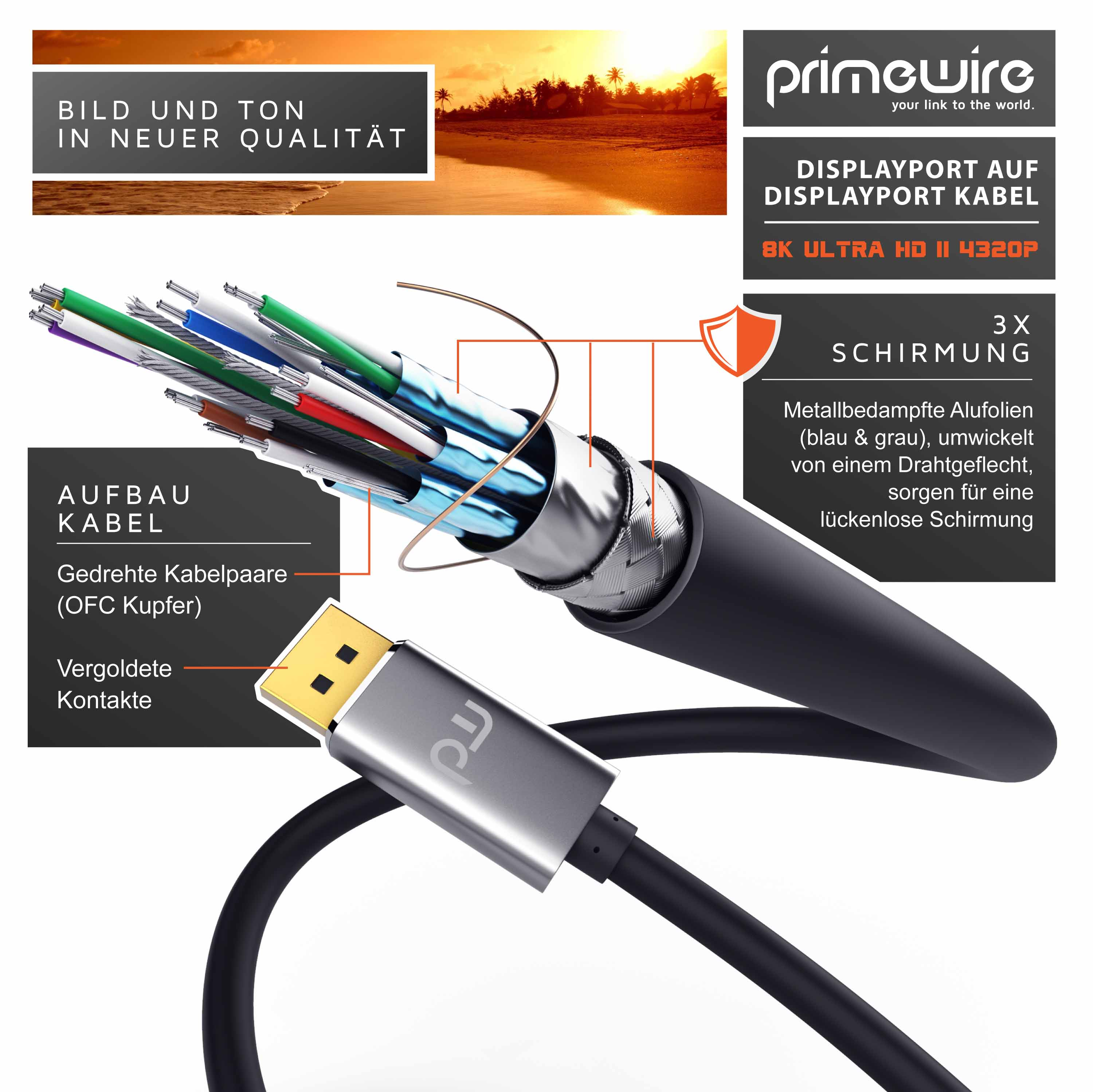 Diagramm zeigt den inneren Aufbau eines DisplayPort-Kabels mit mehrfacher Schirmung und vergoldeten Kontakten.
