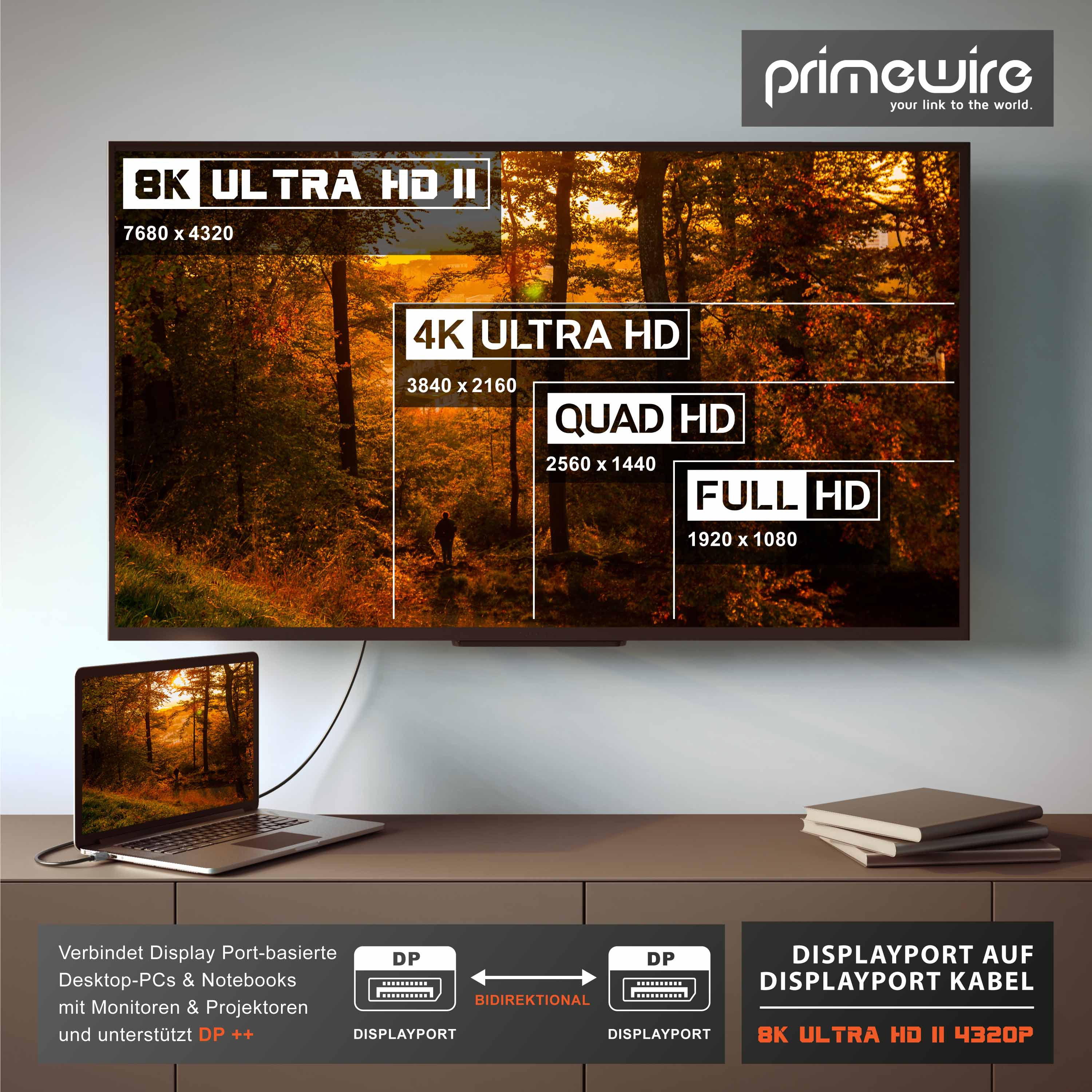 TV zeigt Auflösungsvergleich von Full HD bis 8K, verbunden mit einem Laptop über DisplayPort.