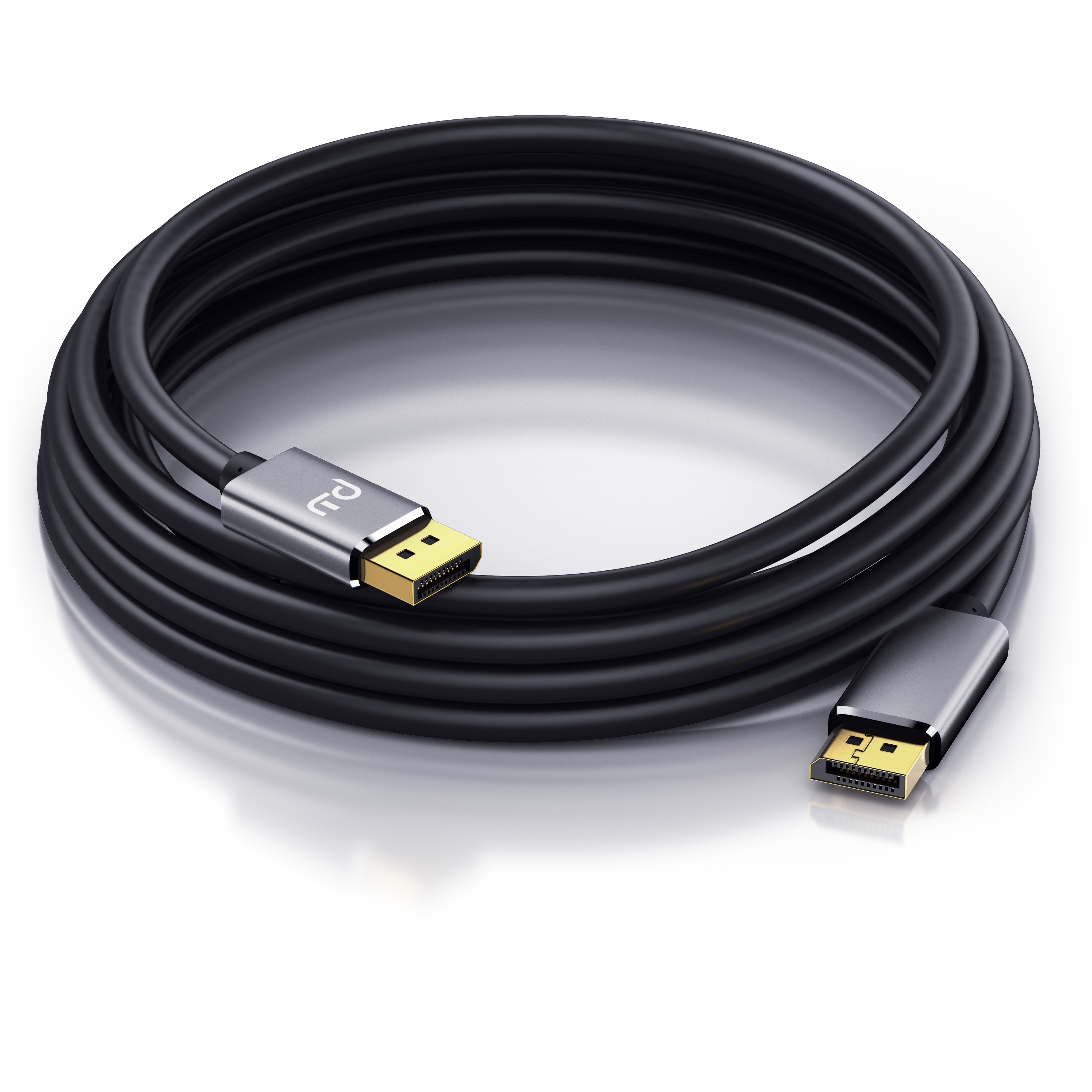 Ein zusammengerolltes schwarzes DisplayPort-Kabel mit goldenen Anschlüssen auf einer weißen Oberfläche.