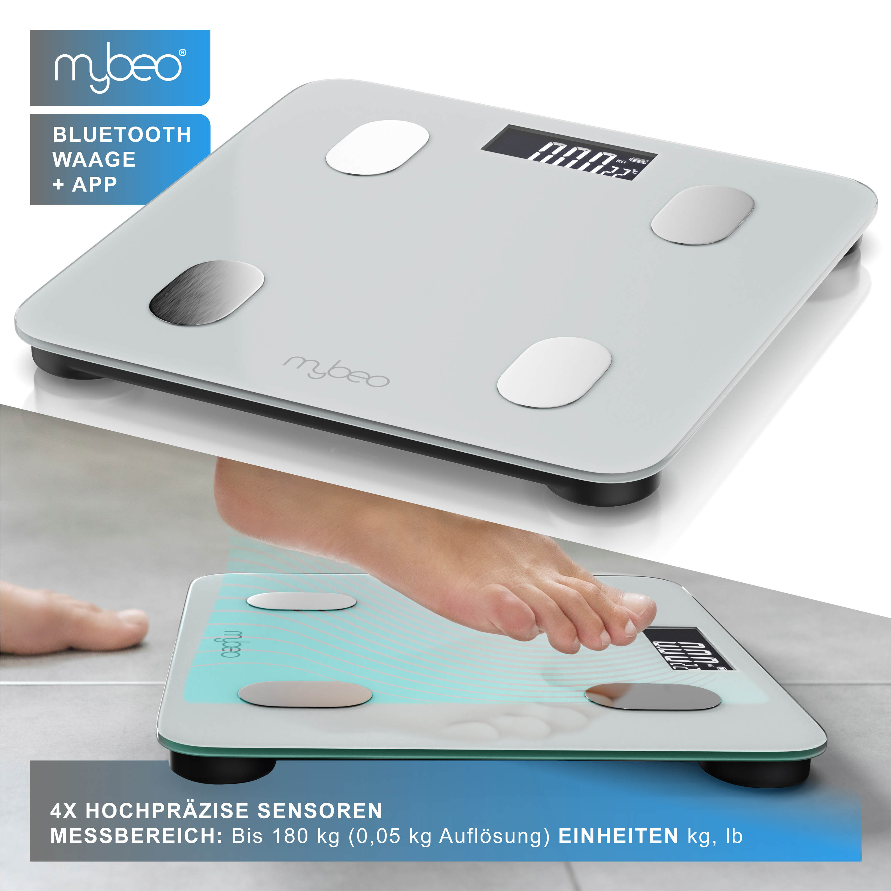 Weißer digitaler Bluetooth-Waage mit vier Sensoren und einem Fuß, der darauf steht, in zwei Ansichten.