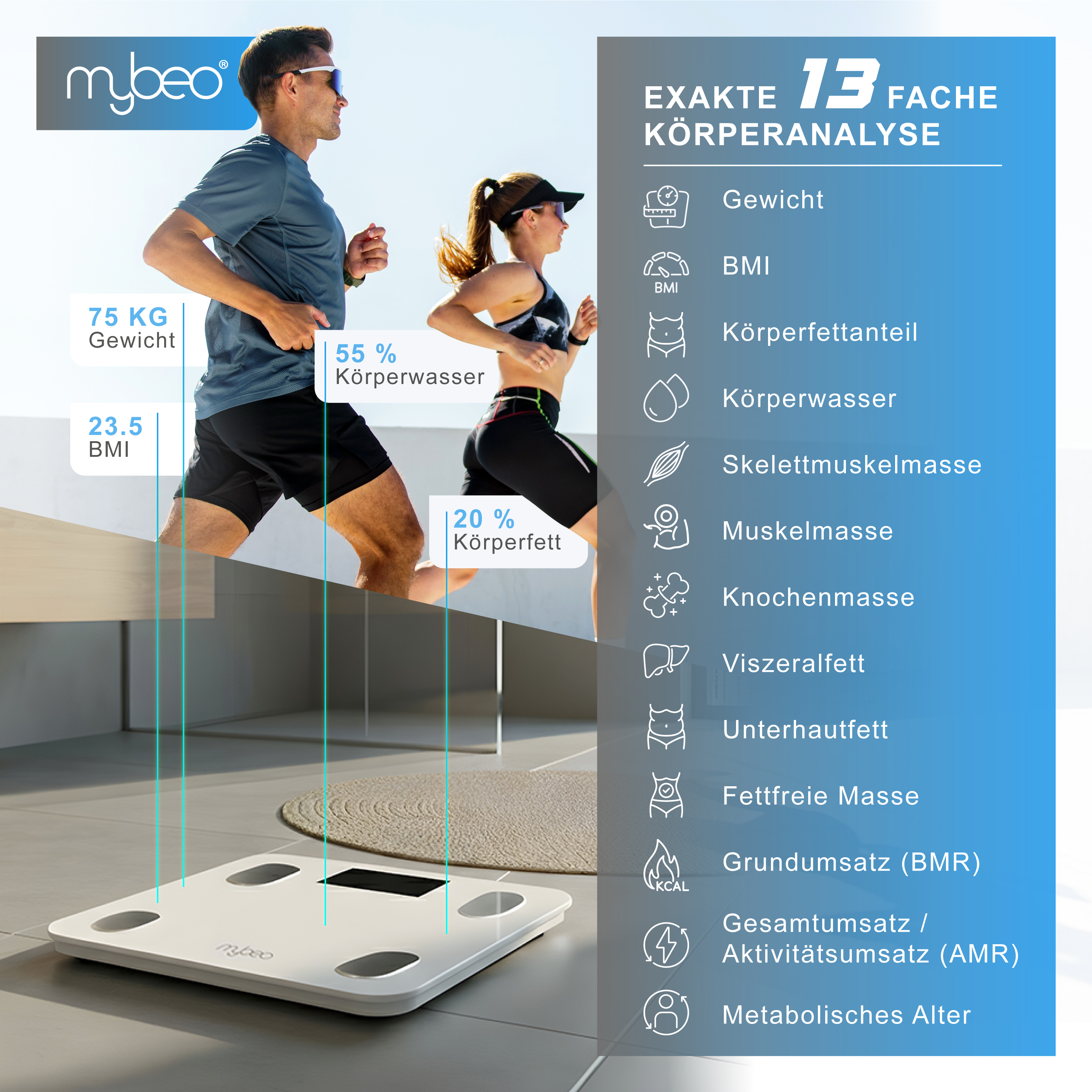 Eine smarte Körperanalysewaage verbindet sich mit Läufern und zeigt 13 Messwerte wie Gewicht und Fett an.