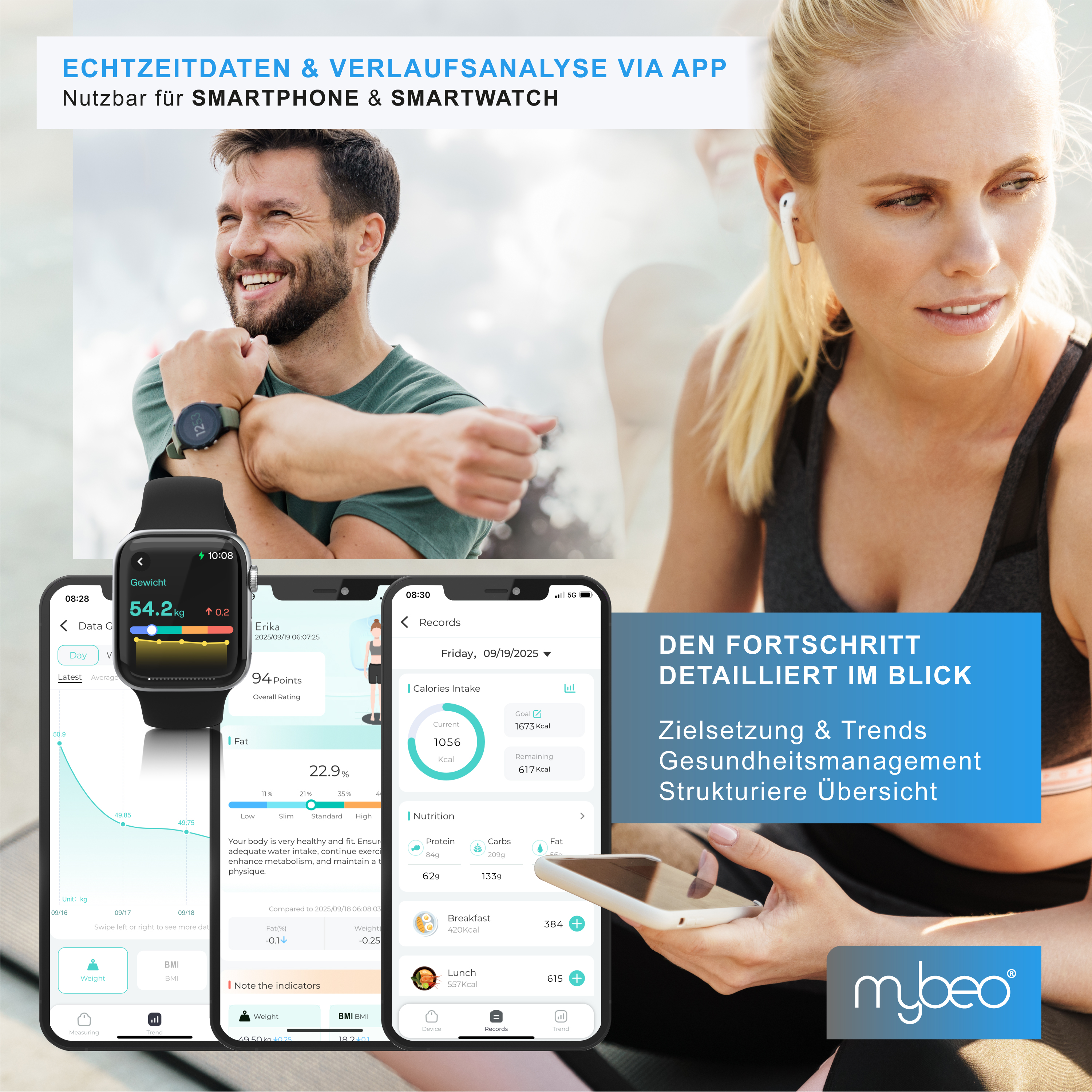 Fitness-App-Anzeige mit Smartwatch und Smartphones vor dem Hintergrund sportlicher Menschen.