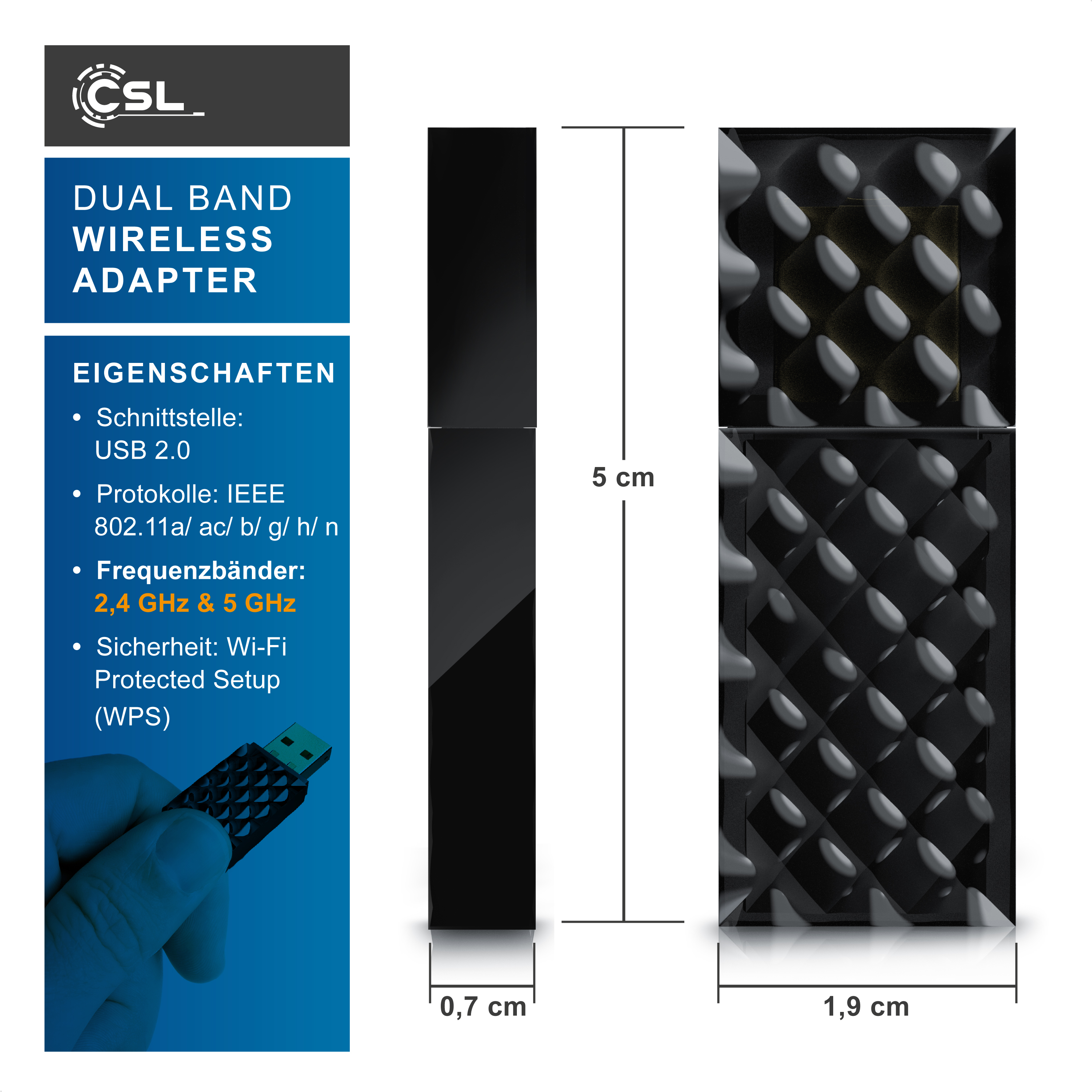 Dual-Band WLAN-Adapter mit Abmessungen, technischen Daten und einer strukturierten schwarzen Oberfläche.