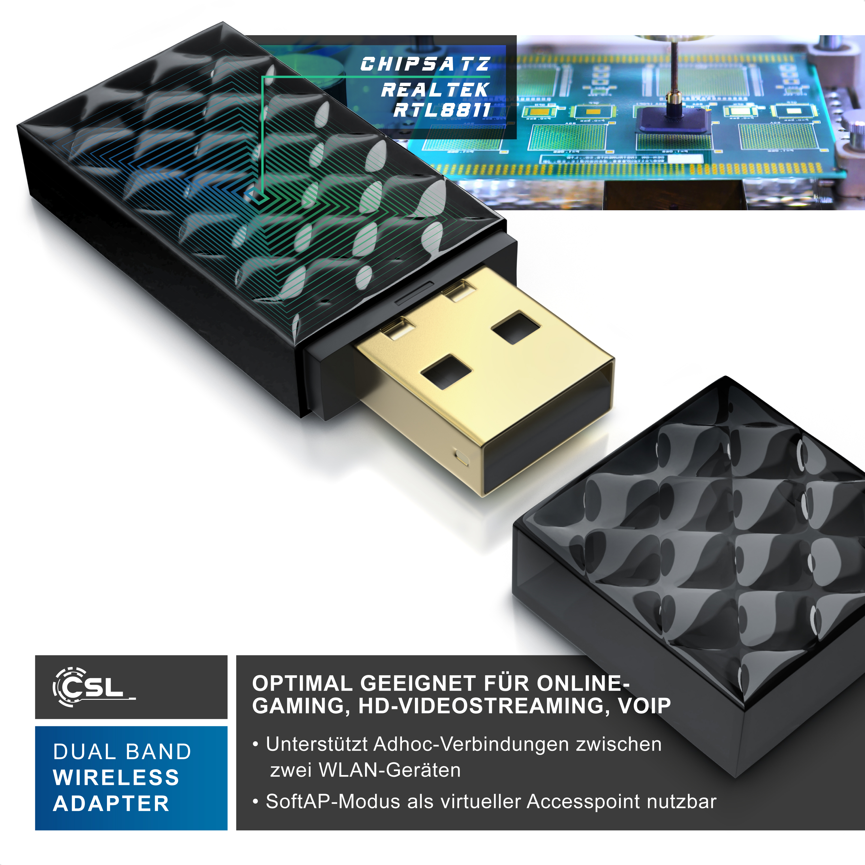 Schwarzer USB-WLAN-Adapter mit goldenem Stecker, integriertem Realtek-Chipsatz und Textfeld unten links.