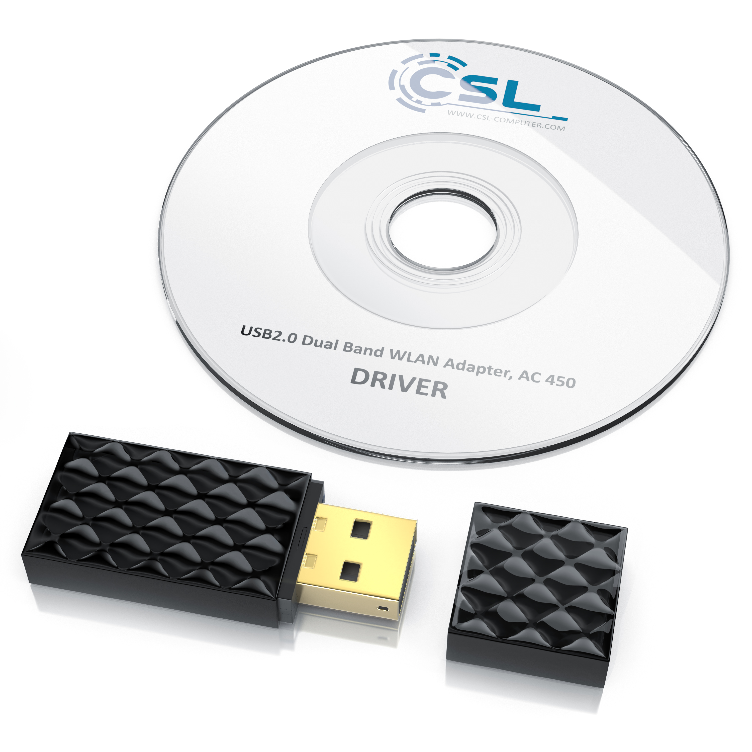 Ein schwarzer WLAN-Adapter mit abnehmbarer Kappe und eine Treiber-CD auf weißem Hintergrund.