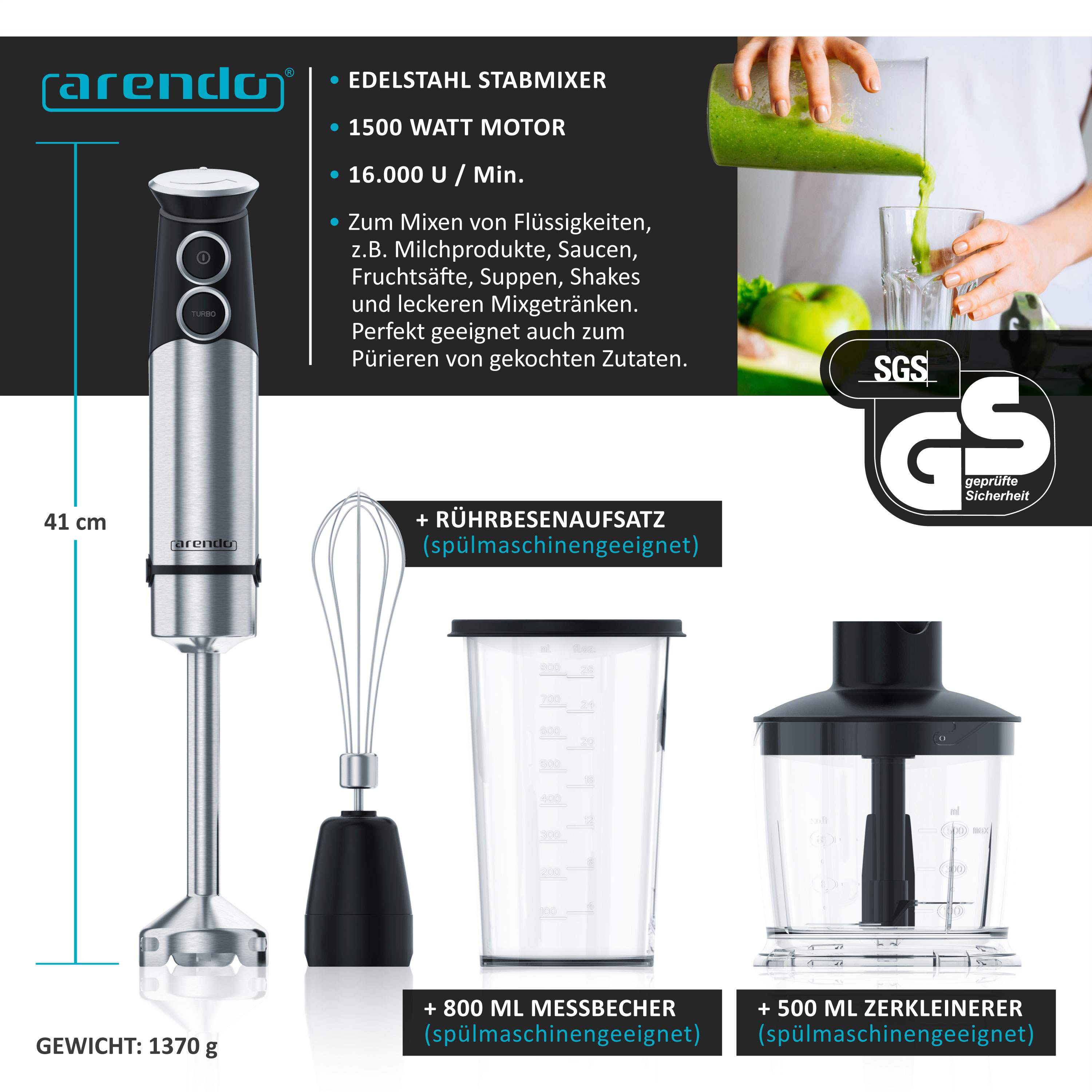 Arendo Stabmixer-Set mit 1500W, Messbecher, Zerkleinerer und Rührbesen auf weißem Hintergrund.