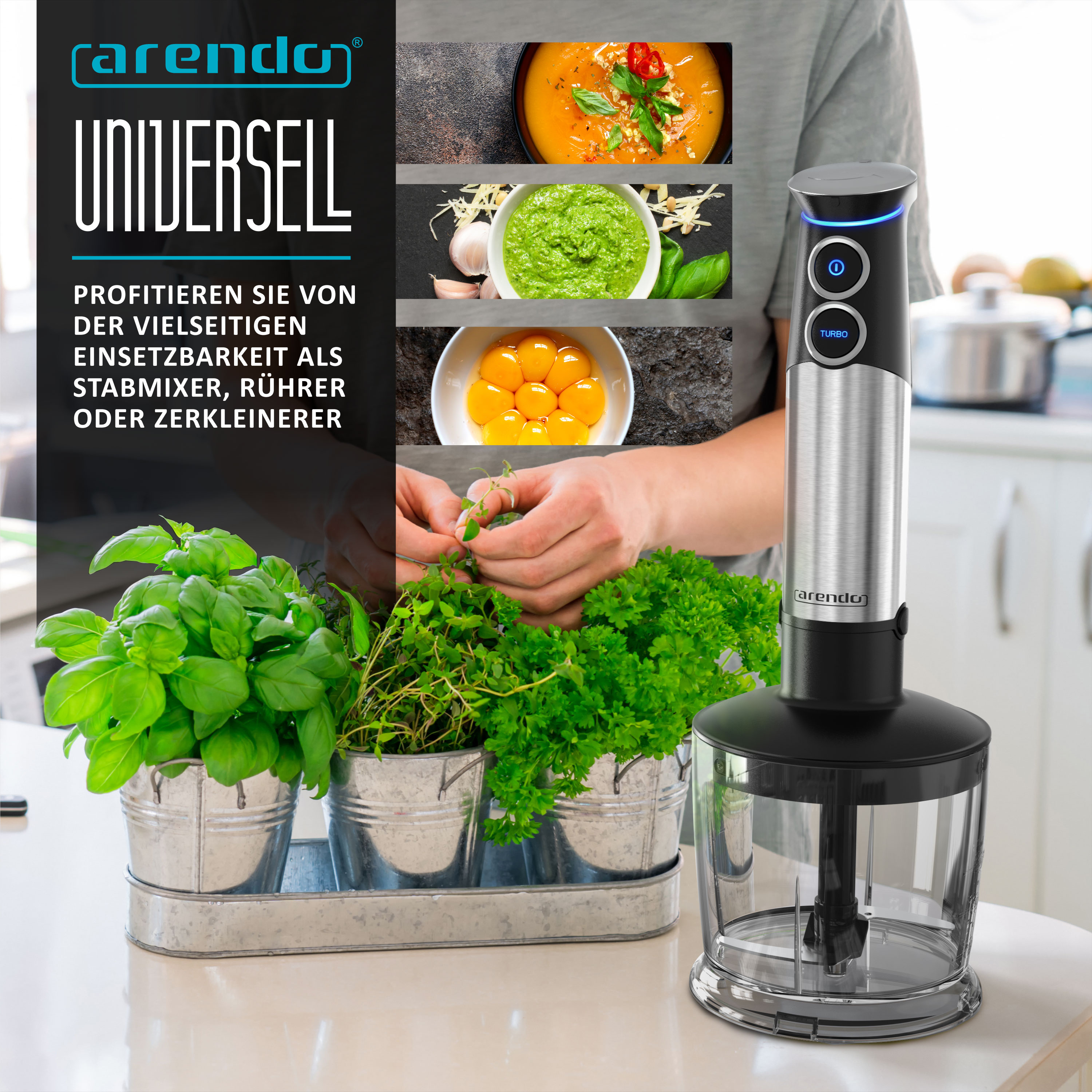 Arendo Stabmixer mit Zubehör und Kräutern auf der Küchenarbeitsplatte.