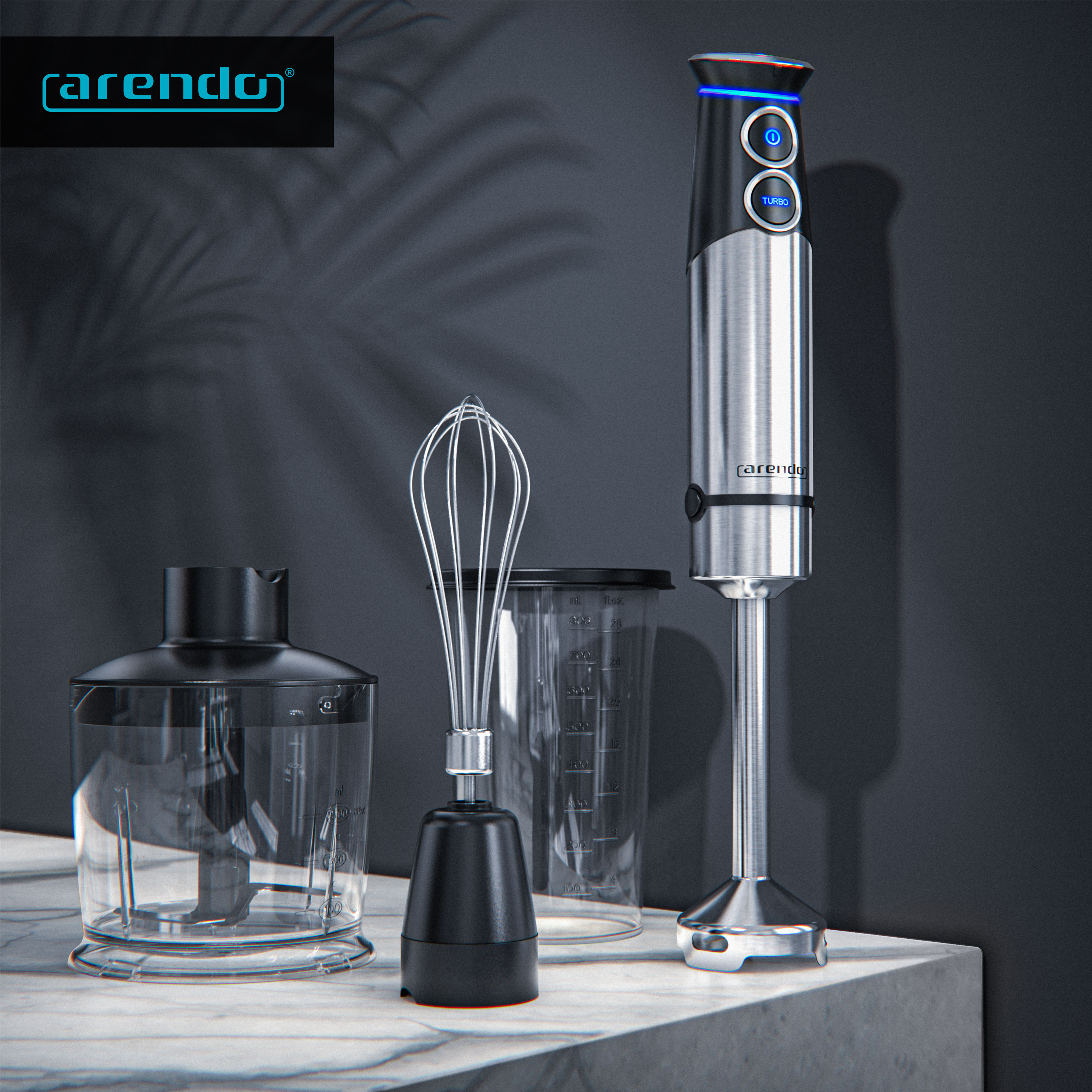 Arendo Stabmixer-Set mit Zerkleinerer, Schneebesen und Messbecher auf einer Marmortheke.