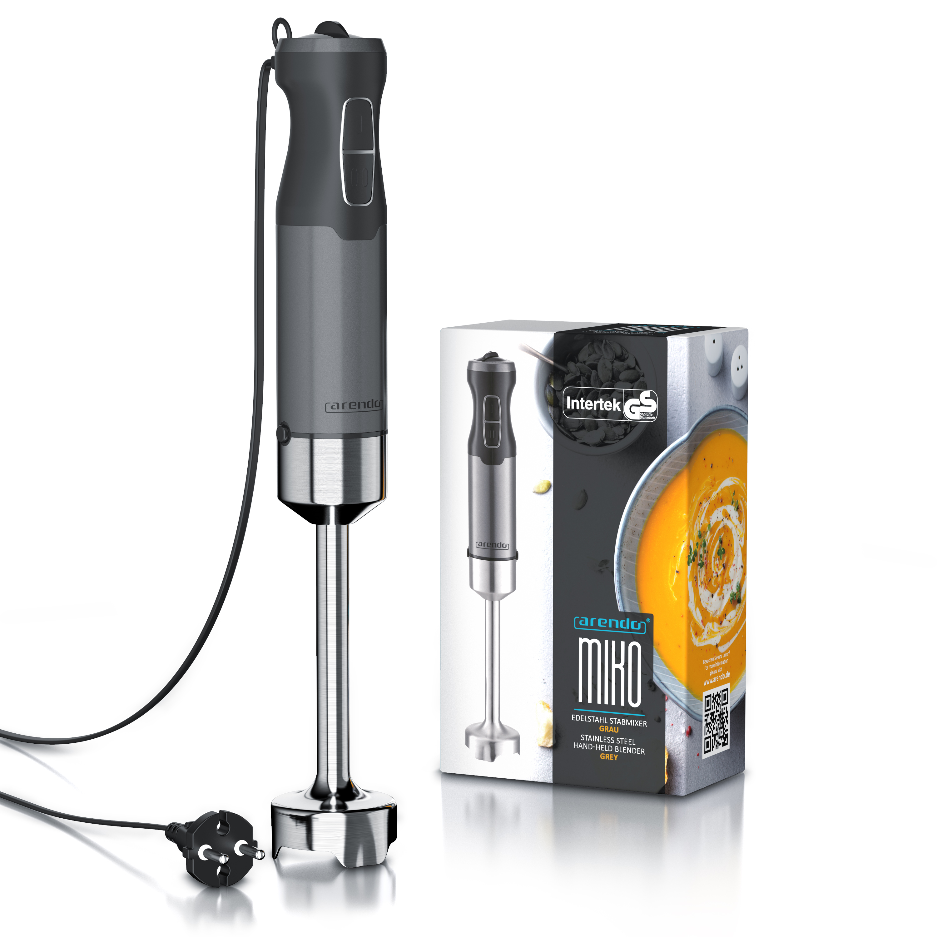 Grauer Stabmixer mit Edelstahlschaft und Stecker, danebenstehend die passende Produktverpackung mit Suppenbild.