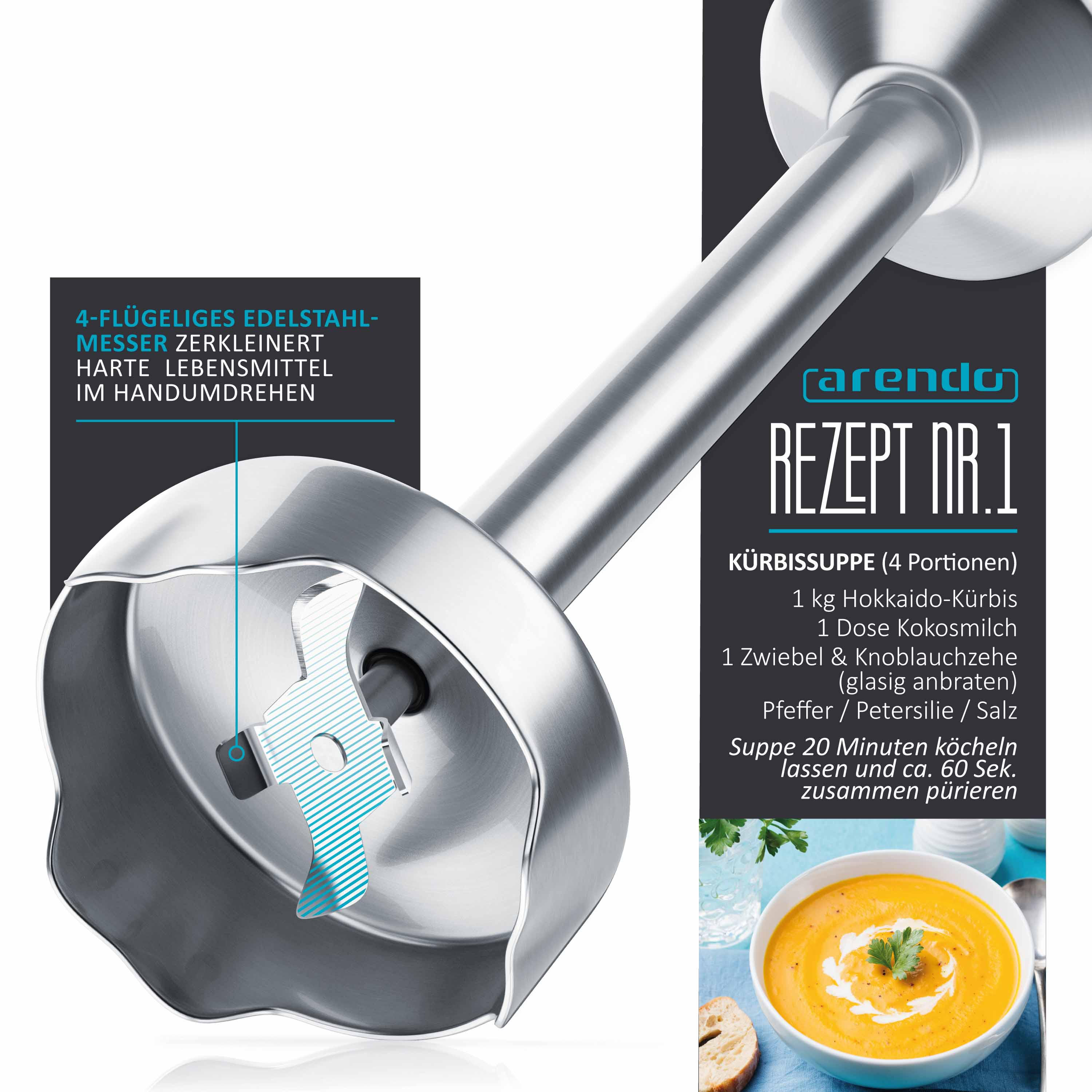 Edelstahl-Stabmixer mit 4-Flügel-Messer und Rezept für Kürbissuppe.