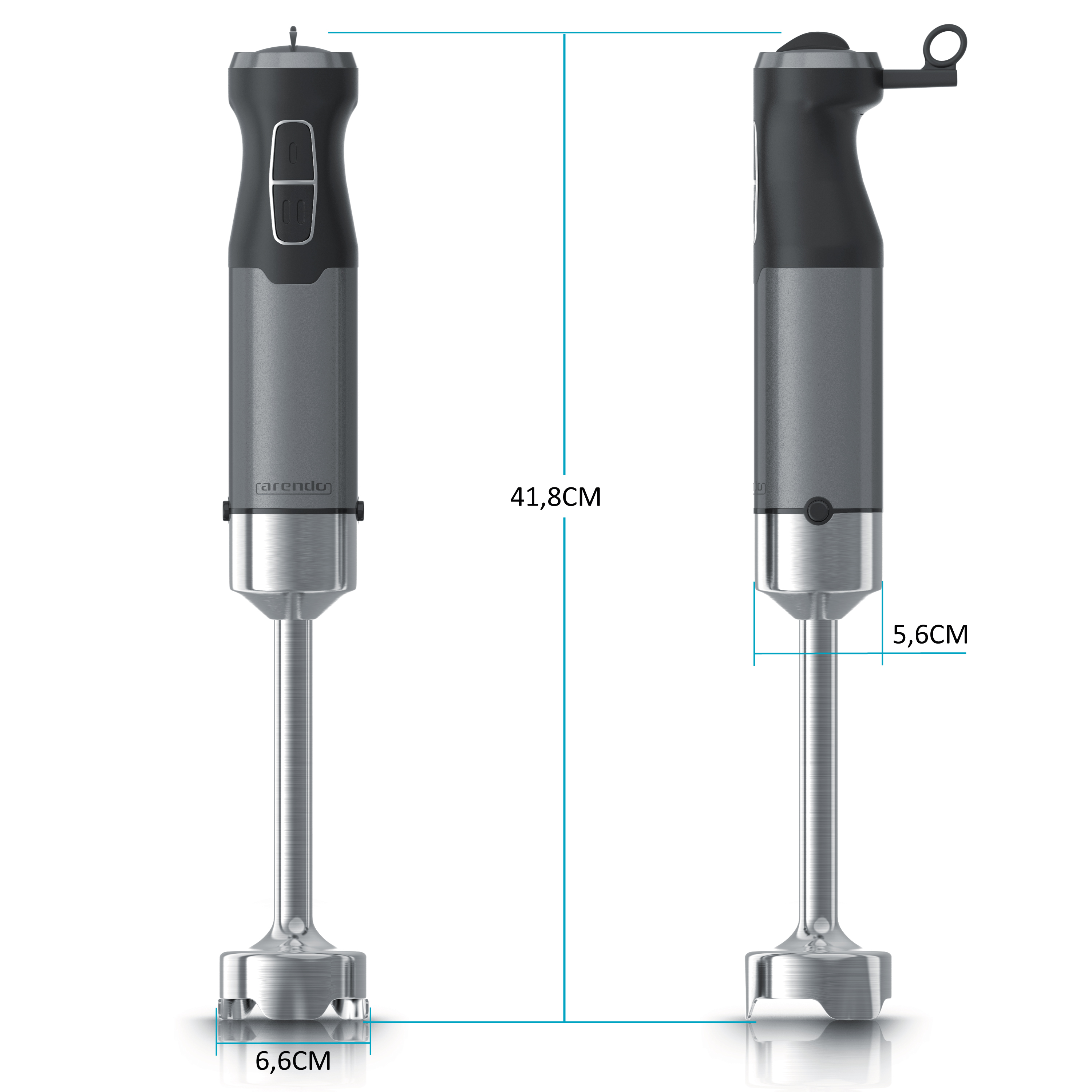 Vorder- und Seitenansicht eines grau-silbernen Stabmixers mit Maßangaben für Höhe und Breite.