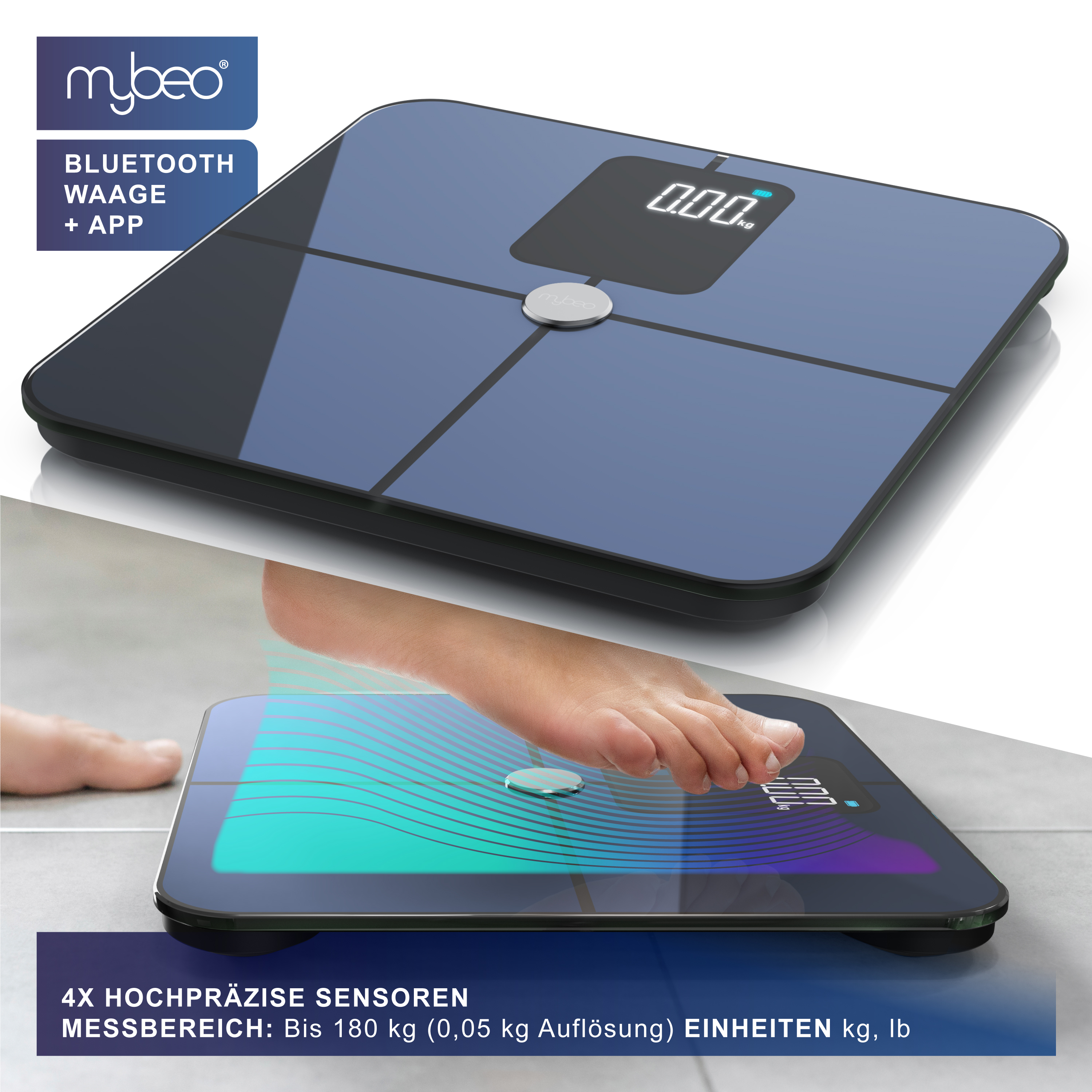 Blaue digitale Personenwaage mit Bluetooth und Sensoren.
