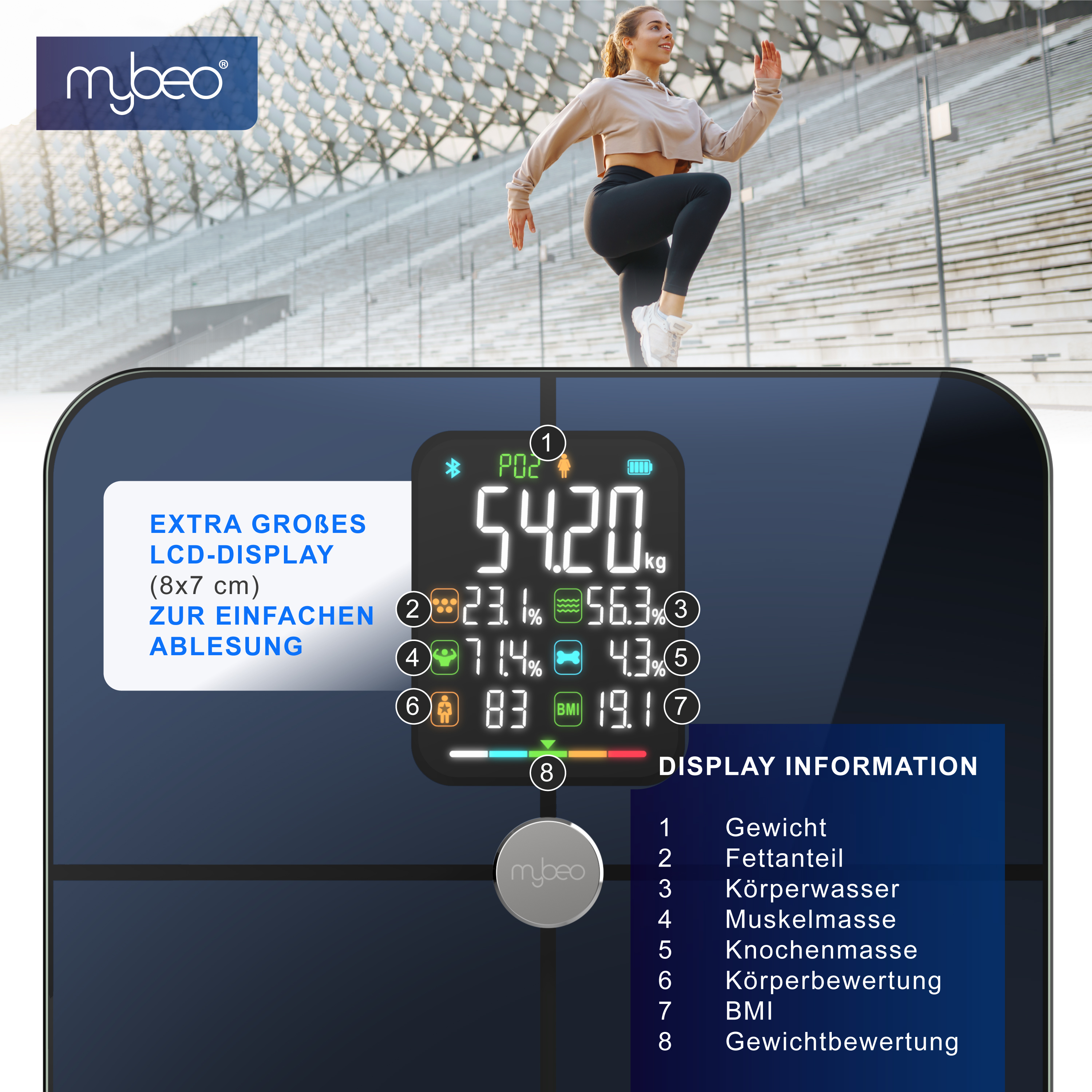 Digitale Personenwaage mit großem LCD-Display, das Gewicht und Körperwerte anzeigt, vor einer Sportlerin.