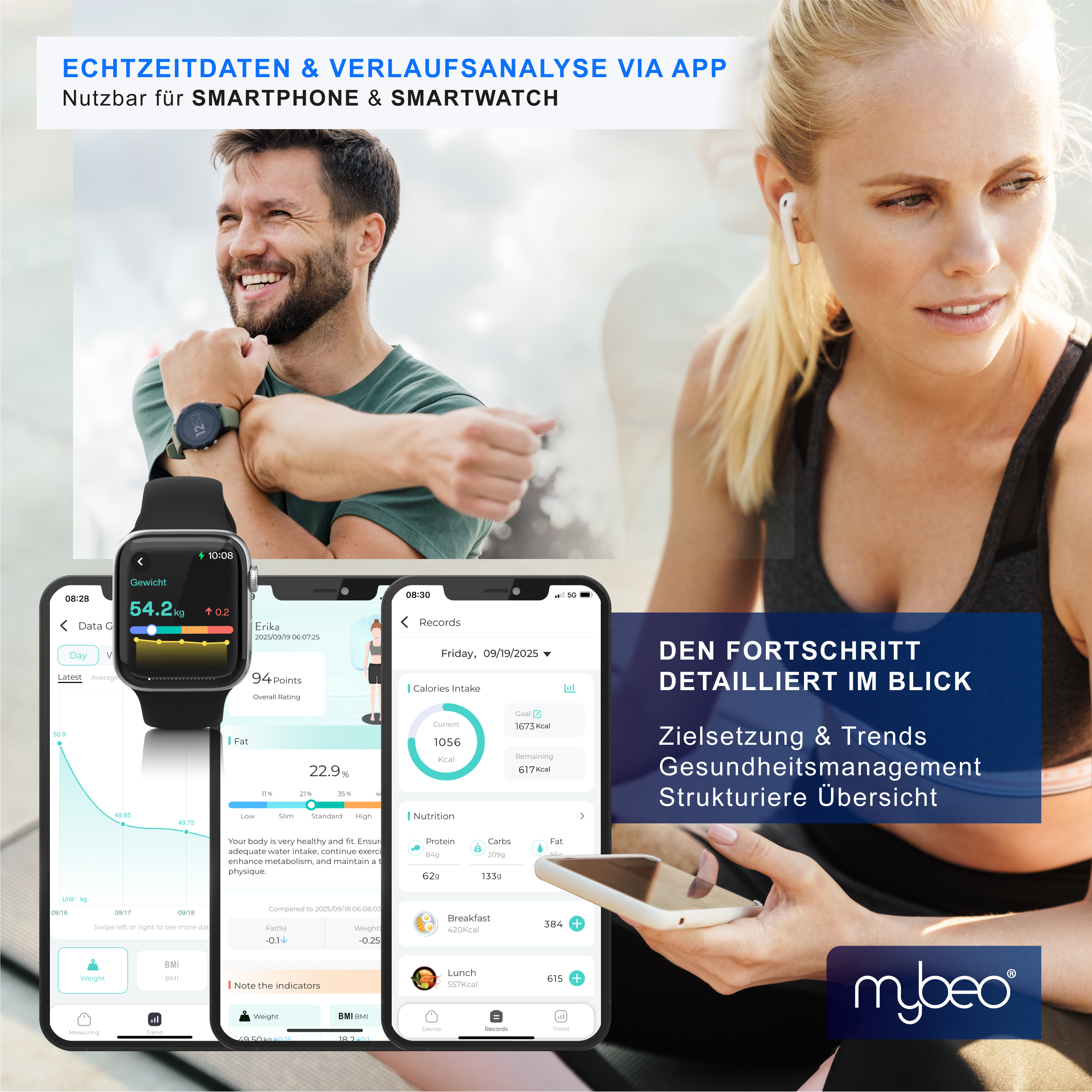 Lächelnender Mann und fokussierte Frau nutzen Fitness-App auf Smartphones und Smartwatches.