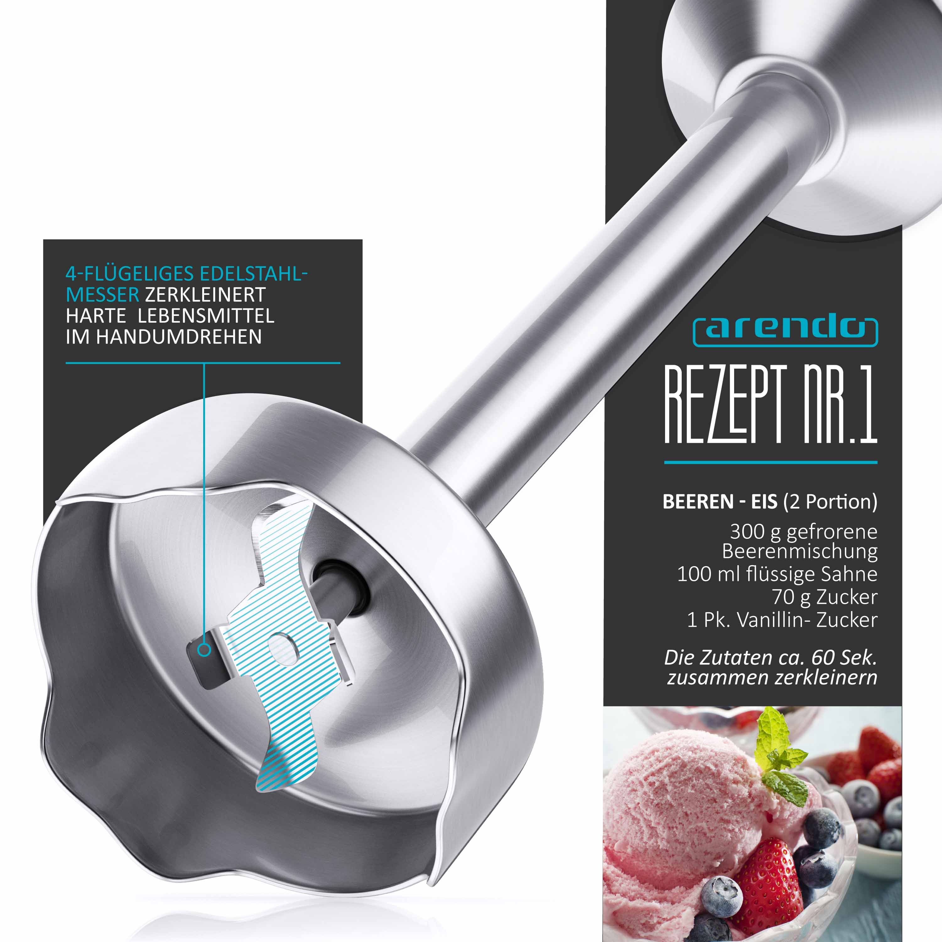 Edelstahl-Stabmixer mit 4-Flügel-Messer und Rezept für Beeren-Eis.