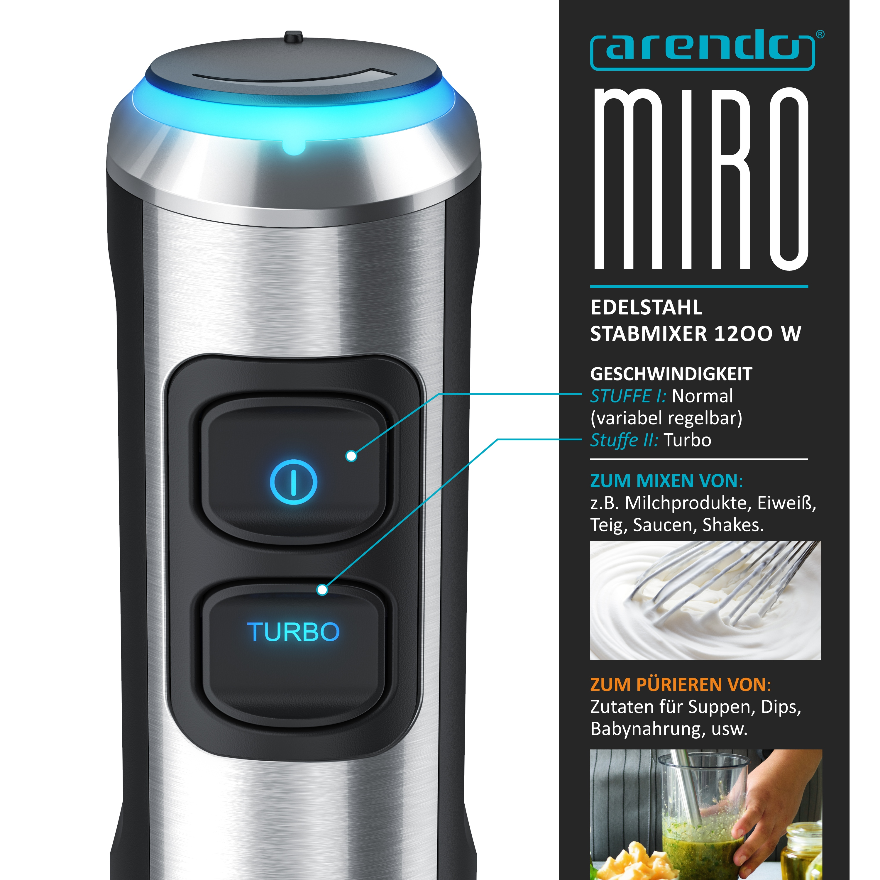 Arendo Miro Stabmixer aus Edelstahl mit zwei Geschwindigkeitsstufen, Turbo-Funktion und blauer Beleuchtung.