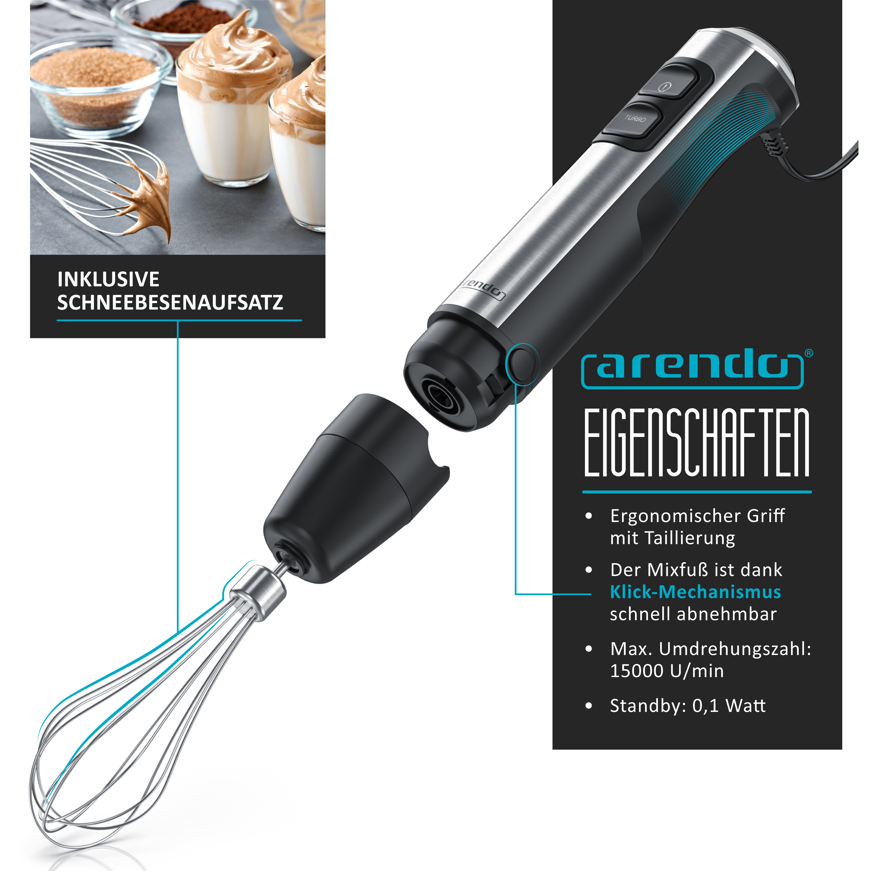 Arendo Stabmixer mit abnehmbarem Schneebesen und Klick-Mechanismus sowie Kaffeegläsern.