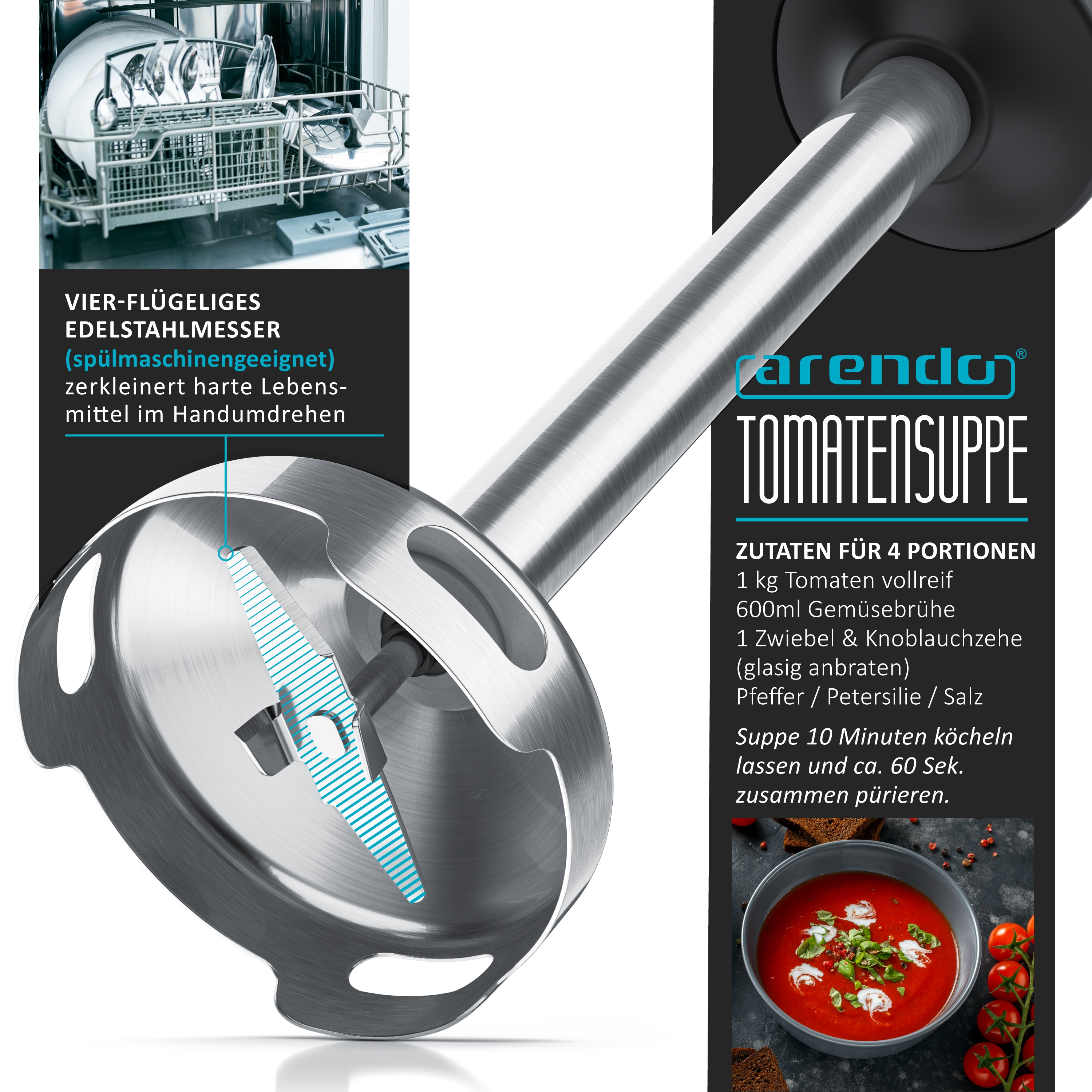 Edelstabmixer mit Text und Tomatensuppen-Rezept.