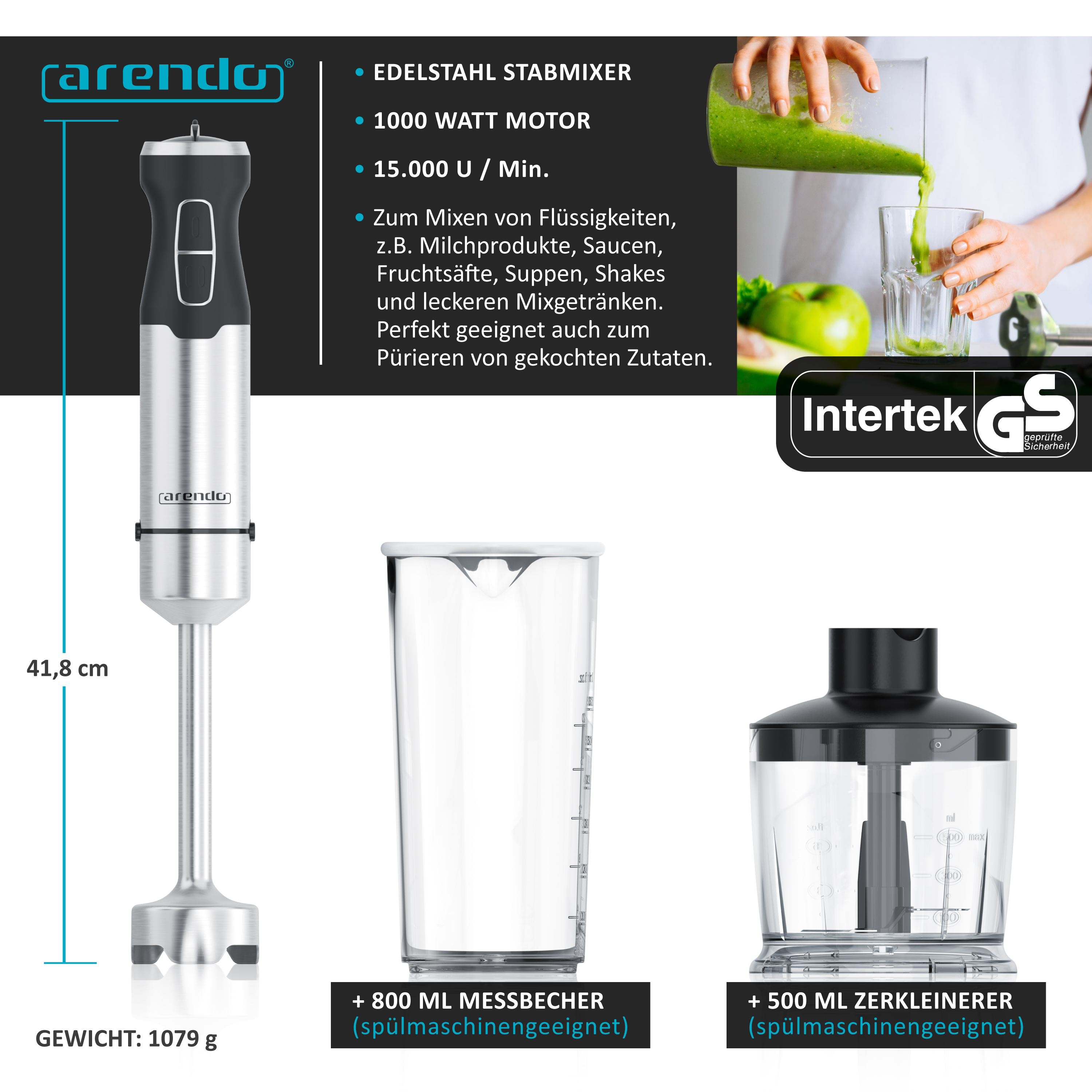 Arendo Edelstahl-Stabmixer mit 1000W Motor, 800ml Becher und 500ml Zerkleinerer.