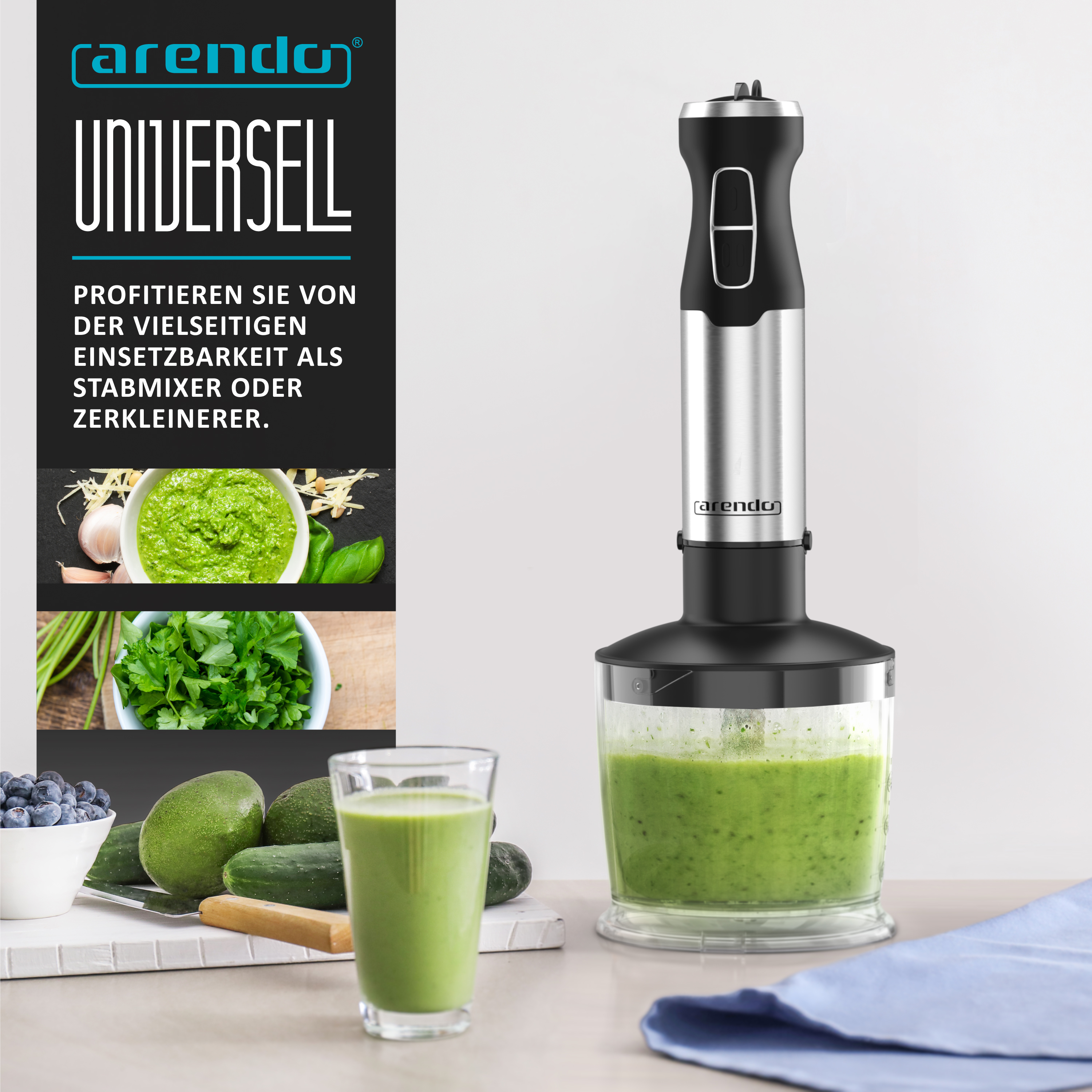 Arendo Stabmixer mit Zerkleinerer, grünem Smoothie in einem Glas und Avocados auf dem Tisch.