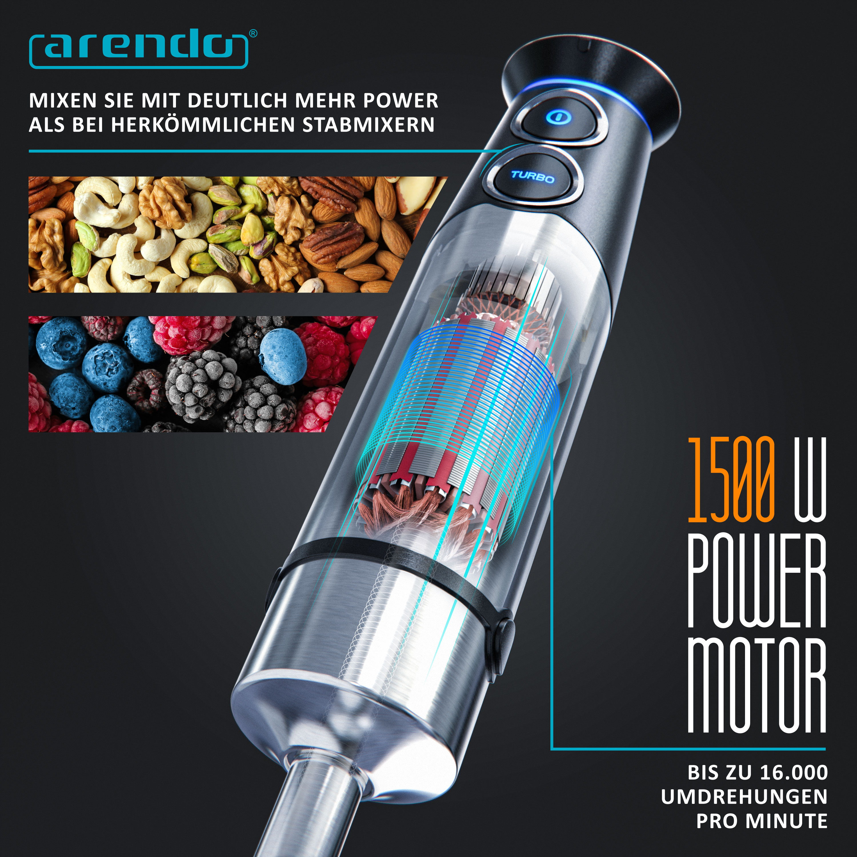 Arendo 1500W Stabmixer mit sichtbarem starkem Motor, Nüssen, Beeren und Text auf dunklem Hintergrund.