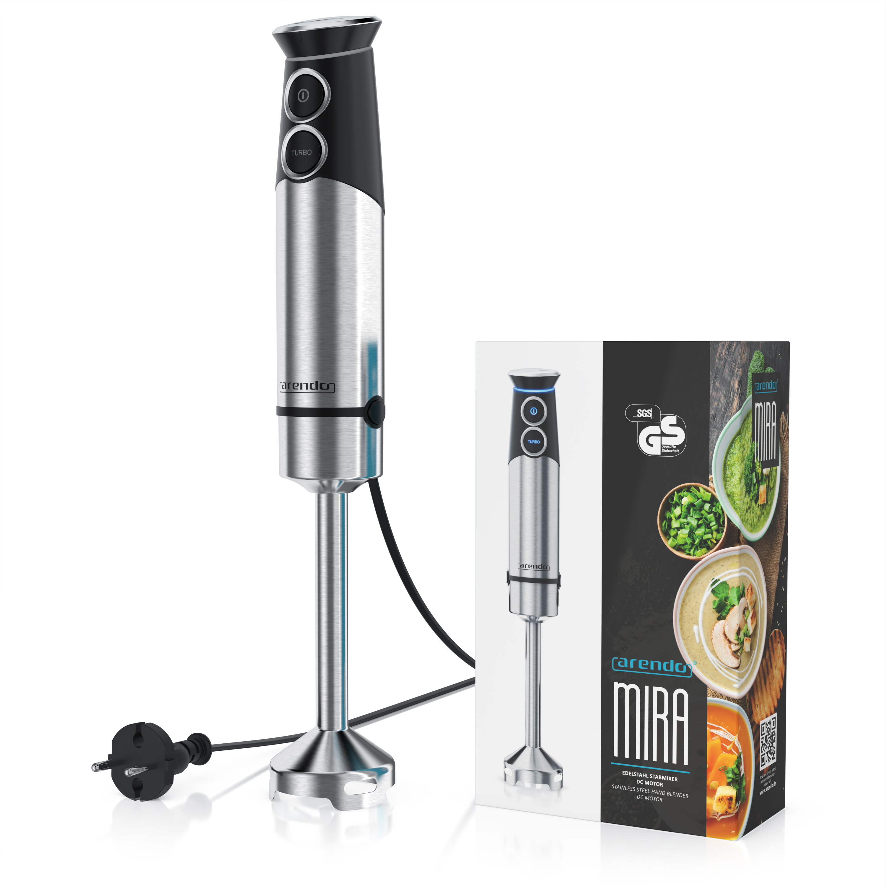 Silberner Arendo Stabmixer mit schwarzem Griff und Kabel, daneben stehend die Produktverpackung mit Suppenbildern.