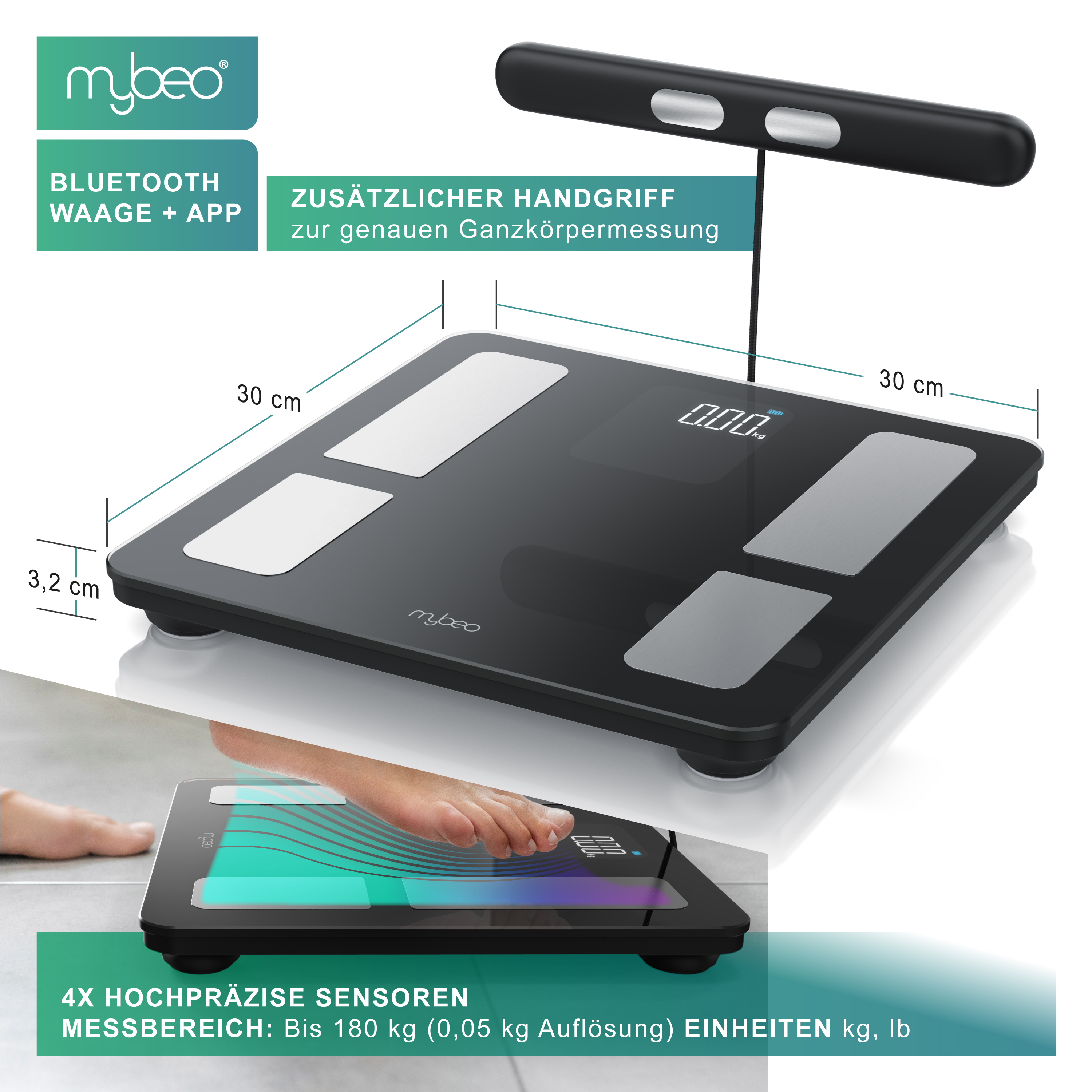 Schwarze digitale Körperfettwaage mit Handgriff, Sensoren und Abmessungen.