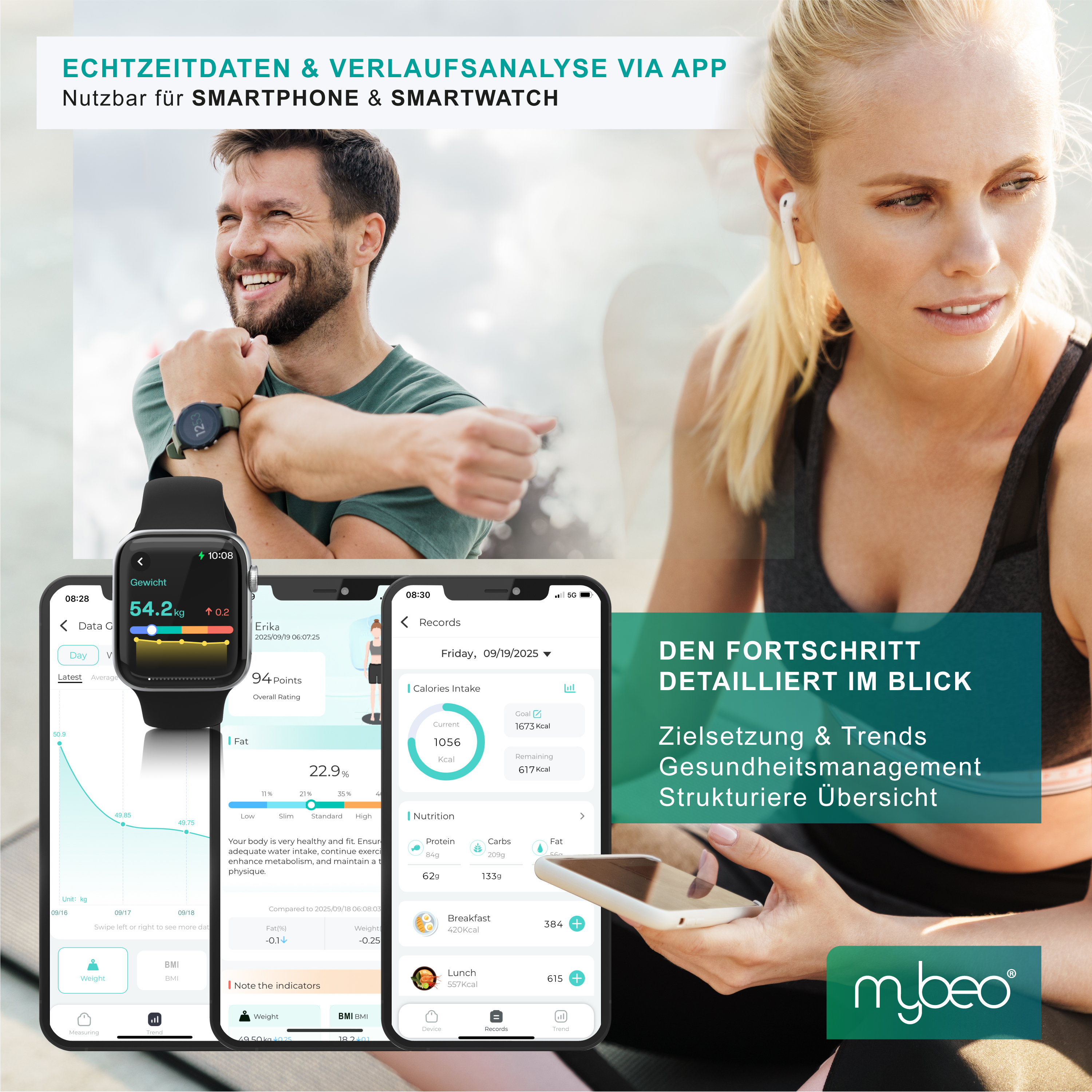 Fitness-App auf Smartphone und Smartwatch zeigt Live-Daten, Gewichtsverlauf und Kalorien an.