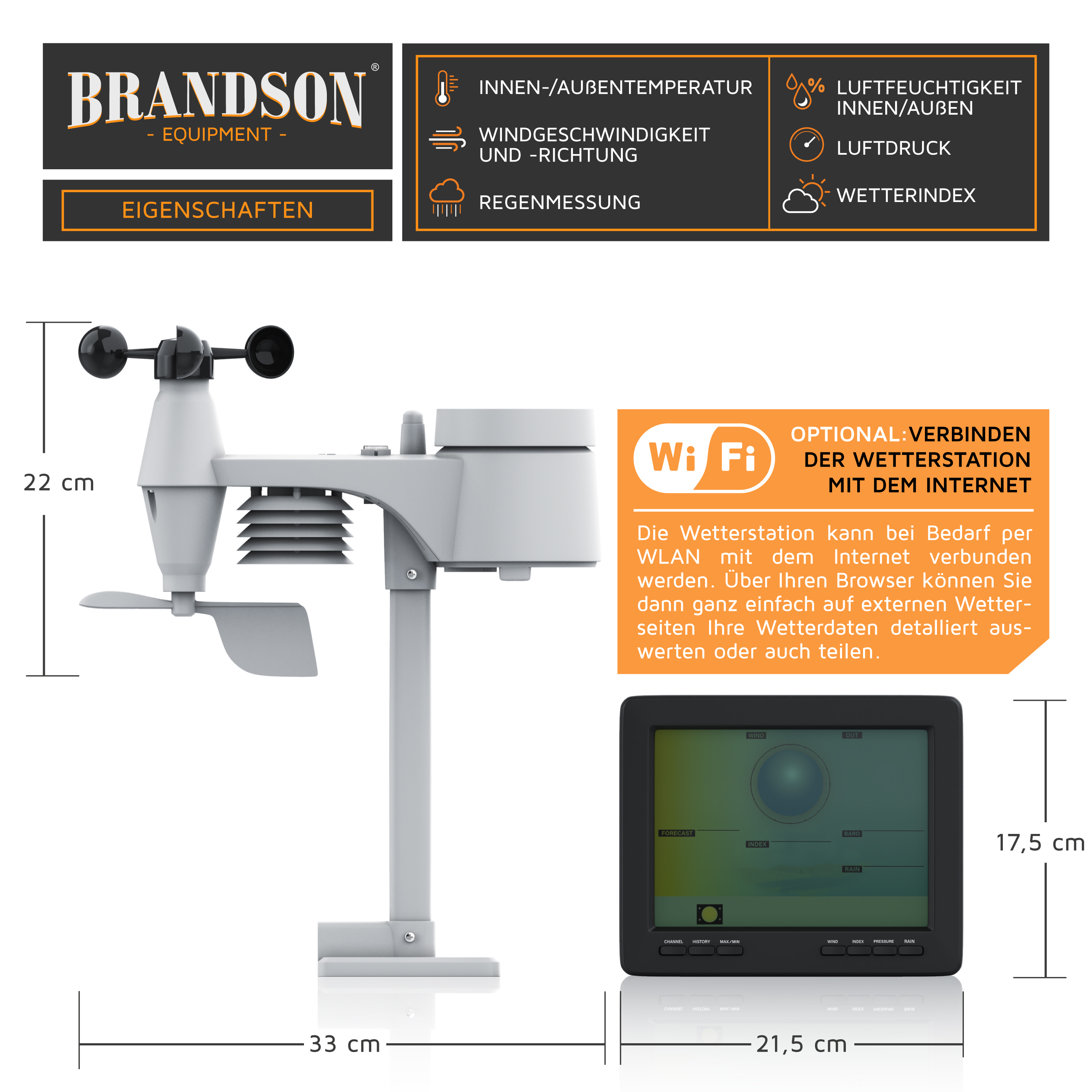 Brandson Wetterstation mit Außensensor, WLAN-Funktion und Display mit Maßen und Icons.