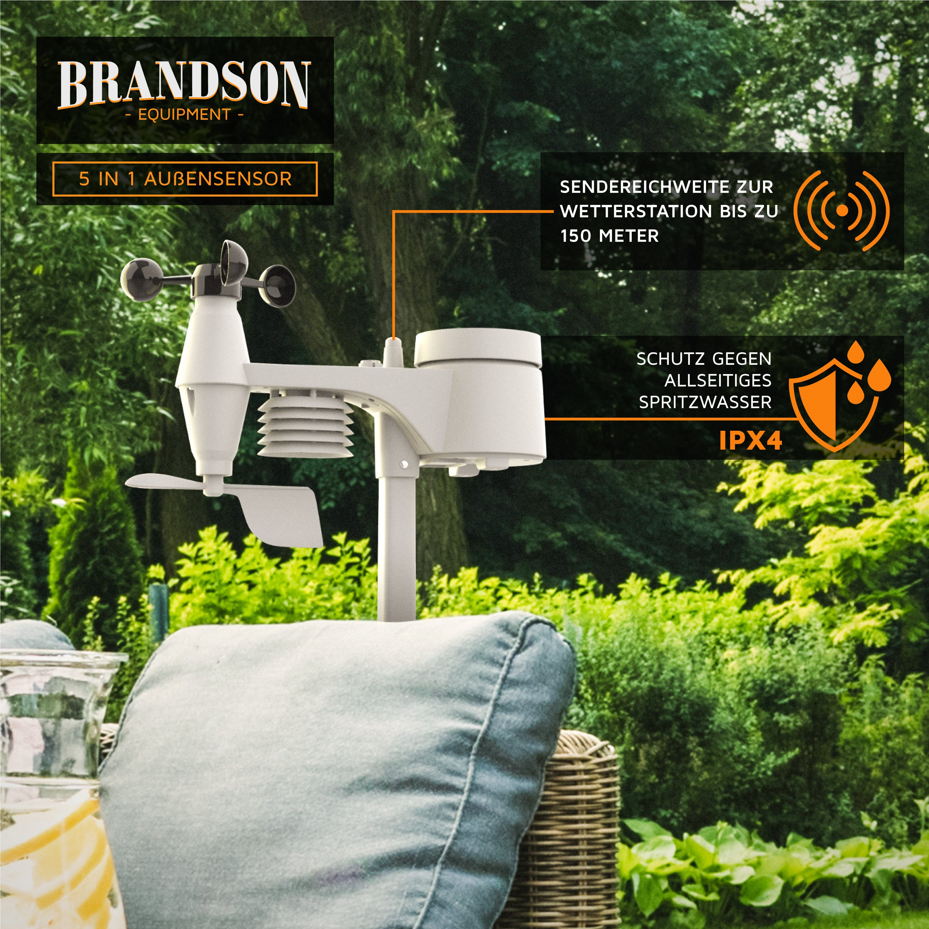 Brandson 5 in 1 Außensensor für Wetterstation mit 150m Reichweite und IPX4 Schutz im Garten.