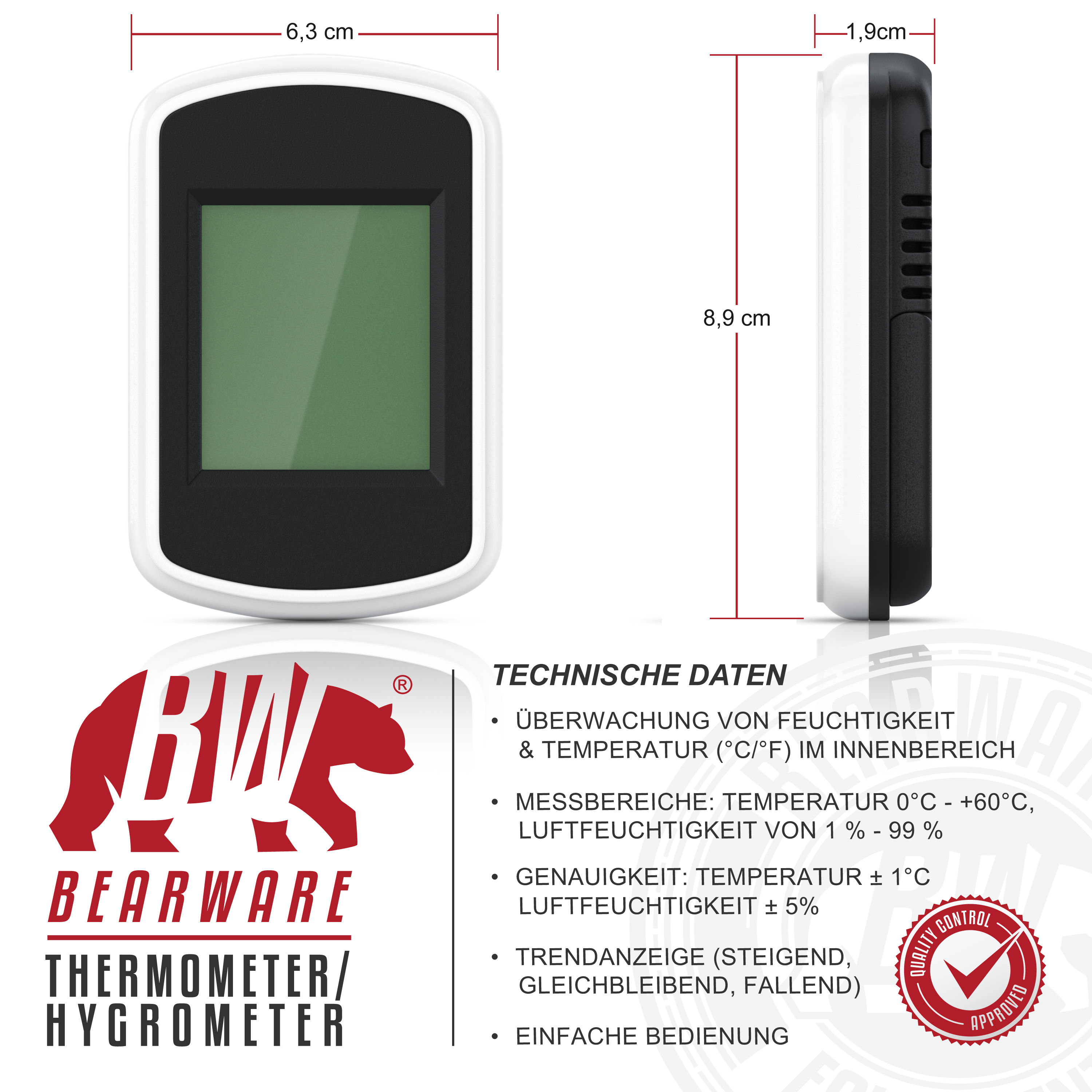 Technische Daten und Maße eines weißen Bearware Thermometer/Hygrometers mit grünem Display.