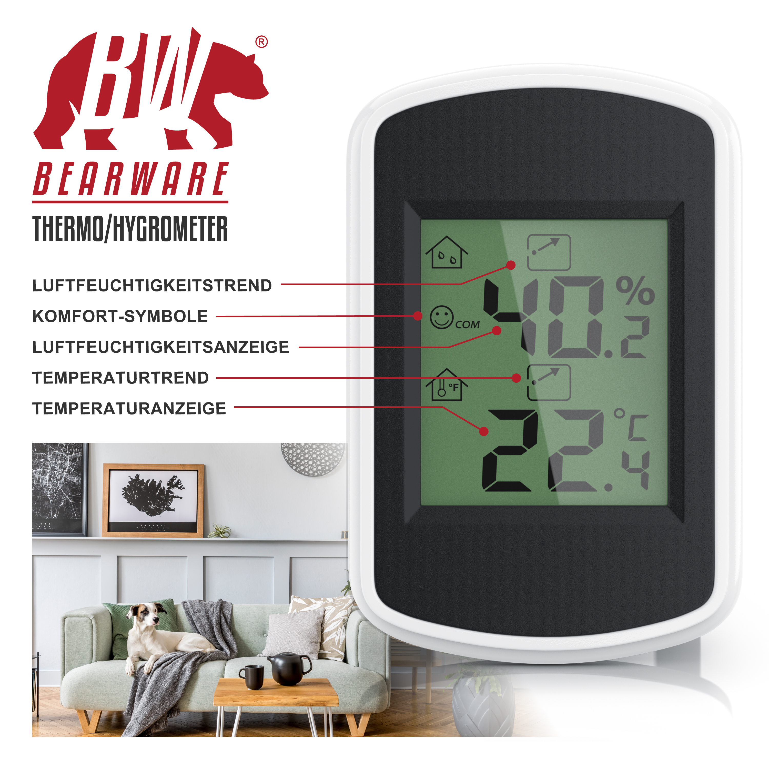 Bearware Thermo-Hygrometer mit digitalem Display und Erklärungen, im Hintergrund ein gemütliches Wohnzimmer.
