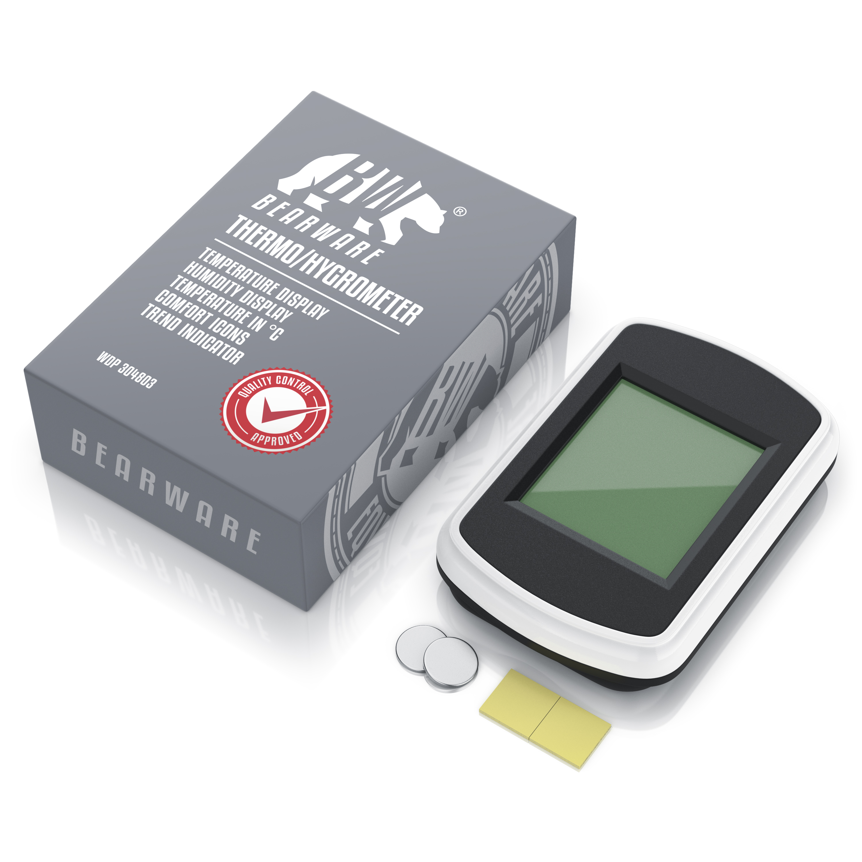 Graue Bearware Thermo-Hygrometer Box mit digitalem Gerät, Batterien und Klebepads auf weißem Grund.