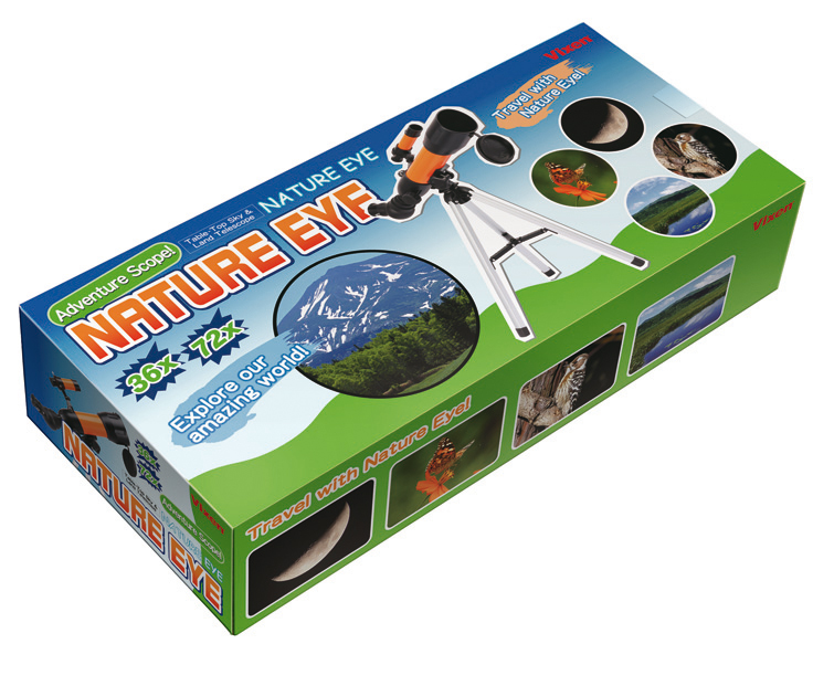 Embalaje de un telescopio Nature Eye con trípode, con imágenes de la luna, animales y paisajes.