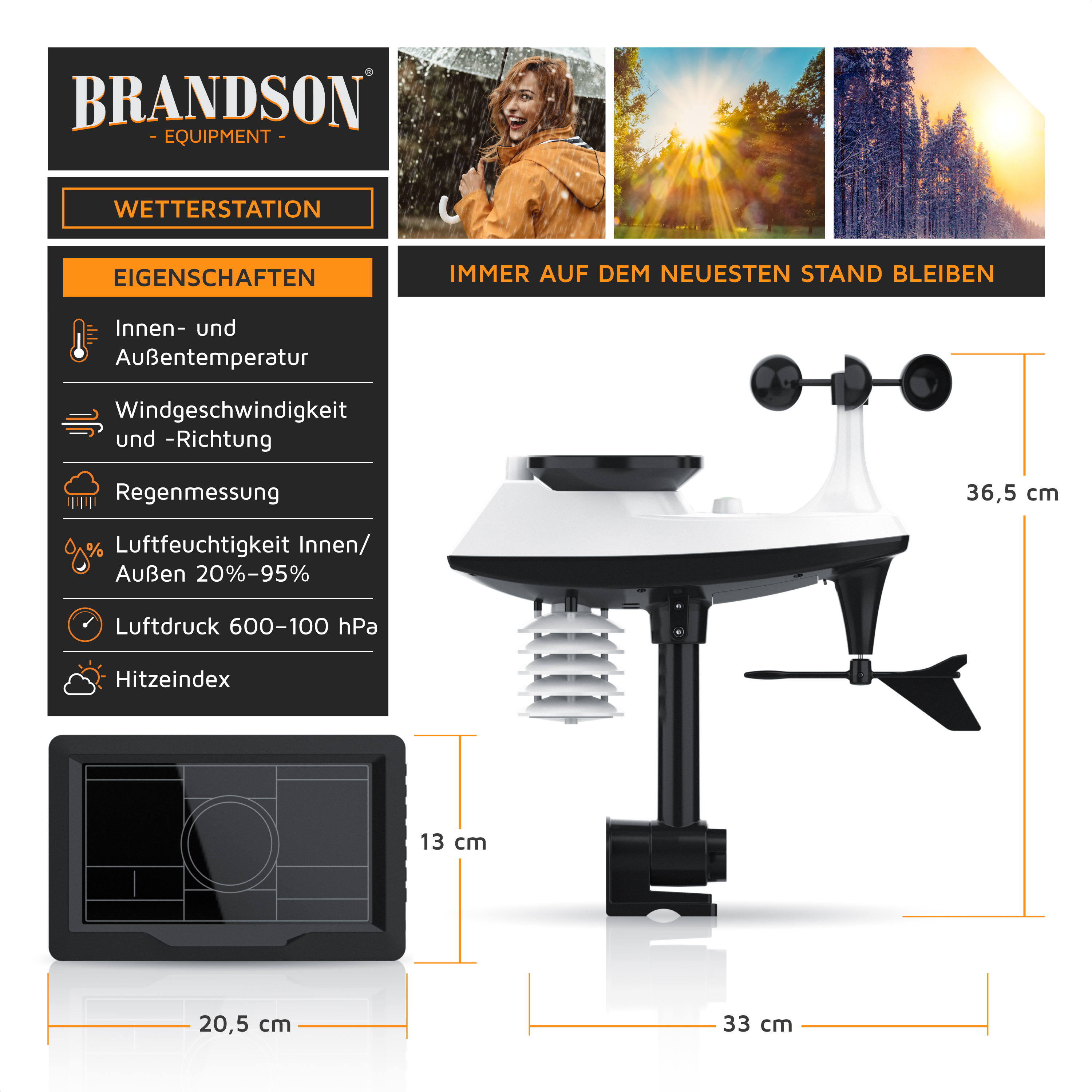 Brandson Wetterstation Produktposter mit Gerätedetails, Abmessungen, Funktionsliste und Display.