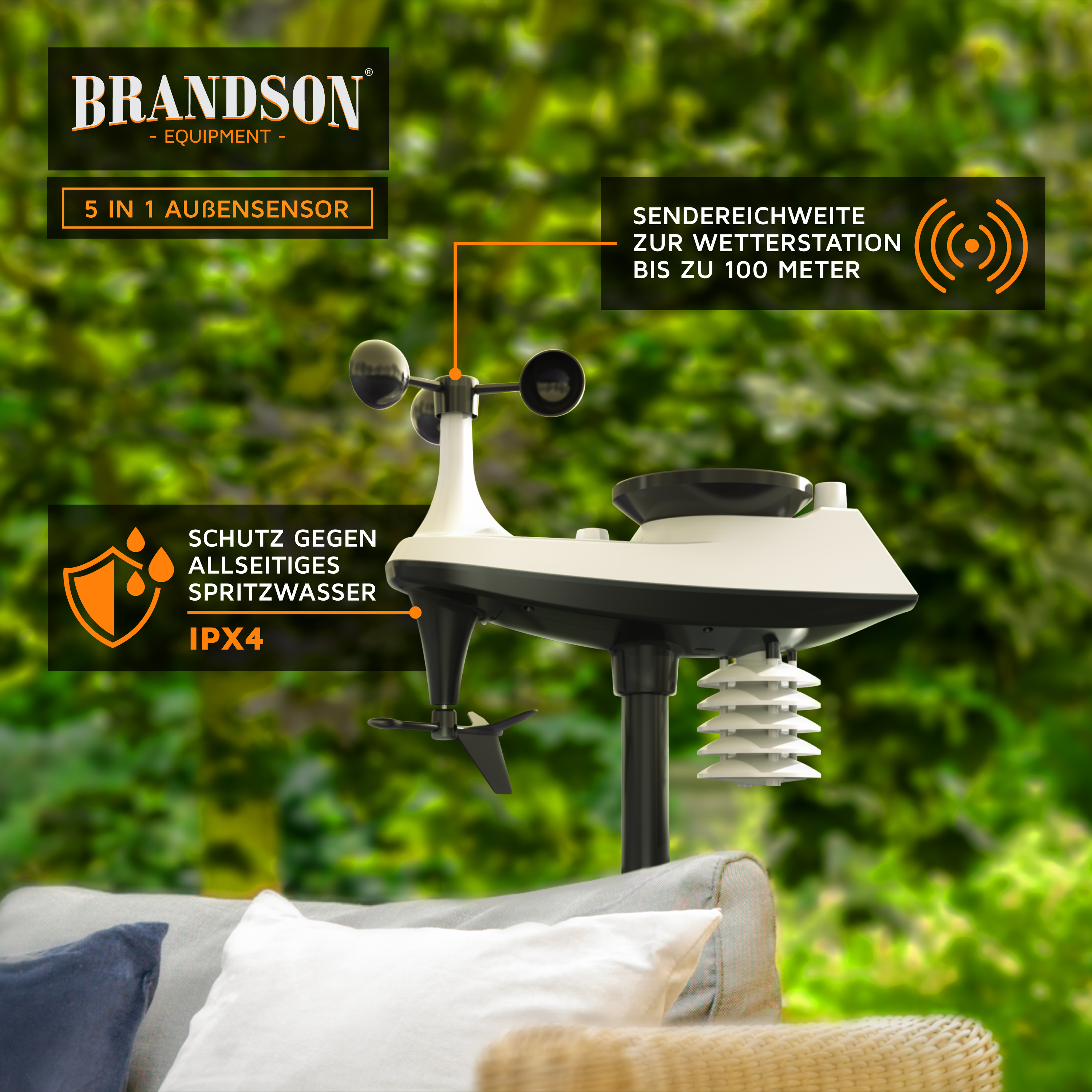 Brandson 5-in-1 Außensensor mit 100m Reichweite und IPX4 Schutz vor einer grünen Hintergrundkulisse.
