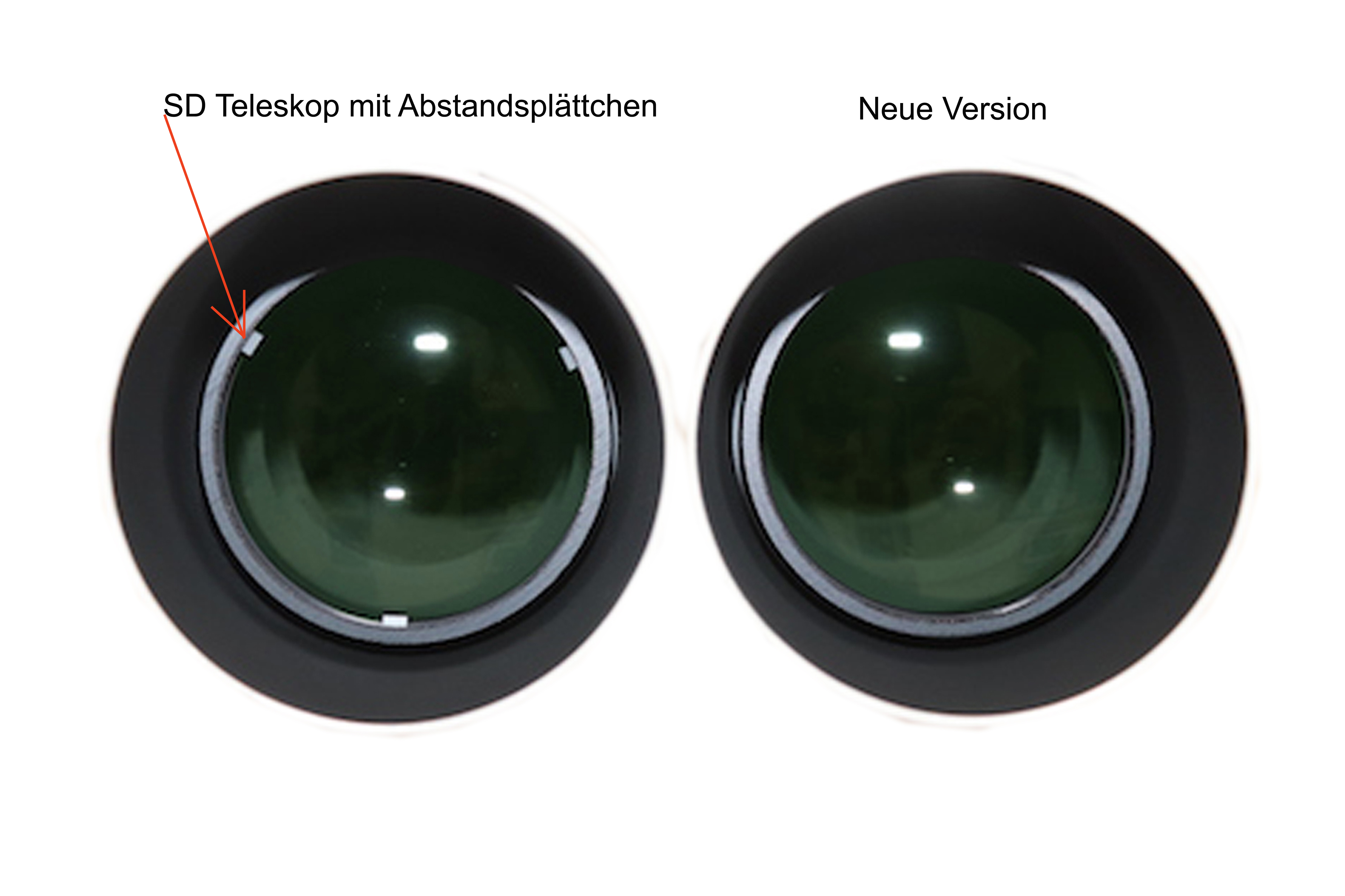 Comparación de dos lentes de telescopio, a la izquierda con espaciadores y flecha roja, a la derecha la nueva versión.