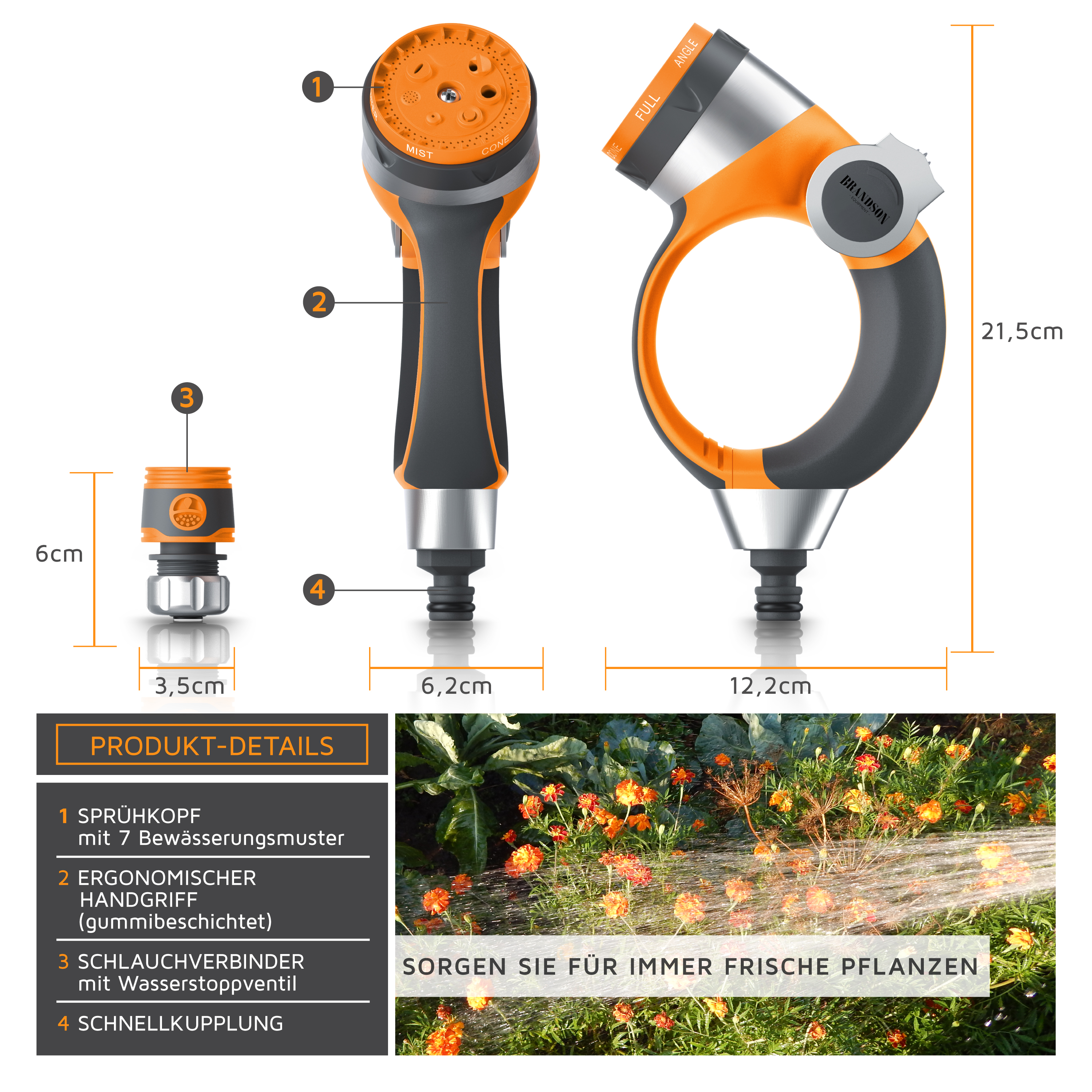 Produktdetails und Maße für orange-graue Gartenspritzen und Schlauchverbinder sowie eine Gießszene.