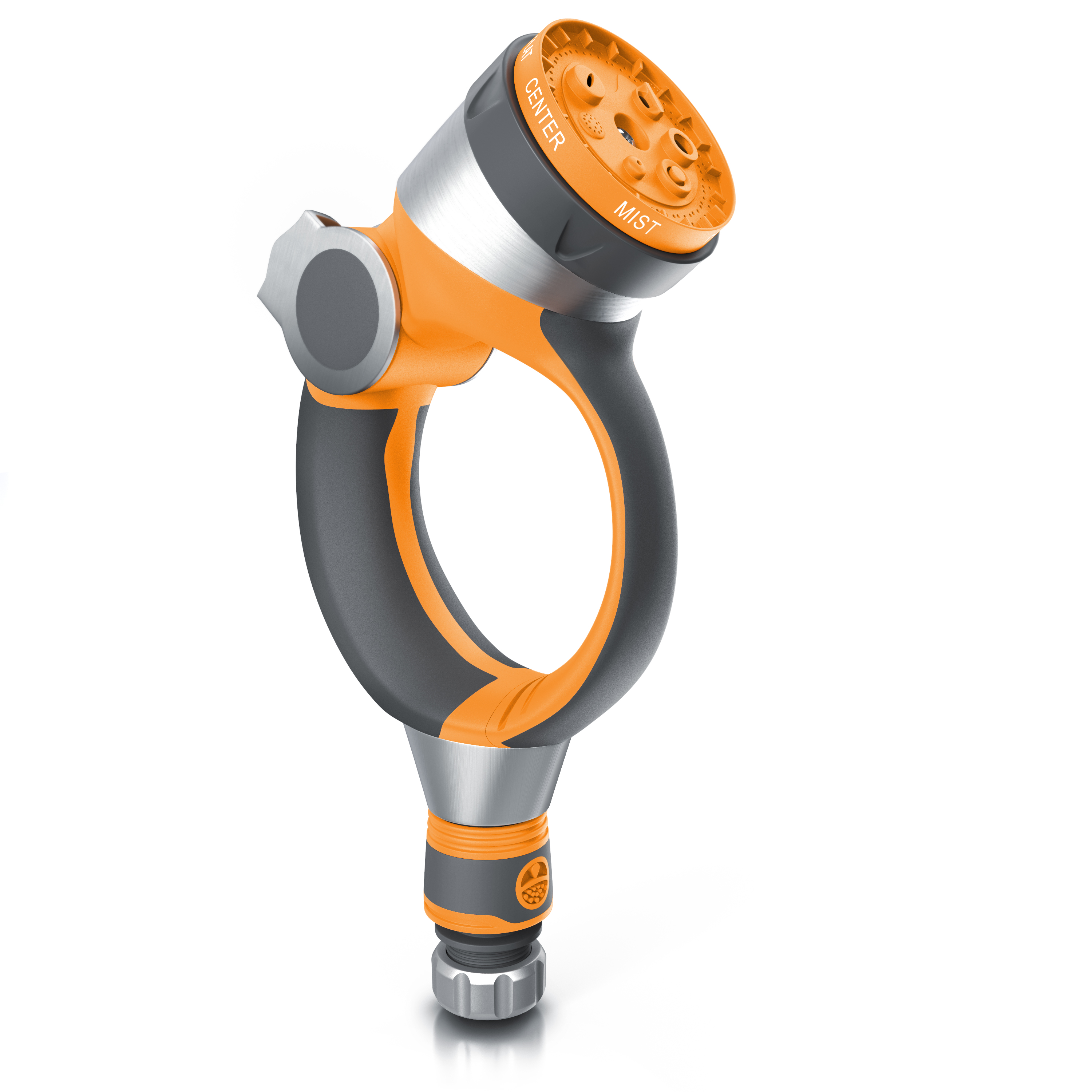 Eine orange und graue Gartenbrause mit ergonomischem Rundgriff und verstellbarem Sprühkopf.