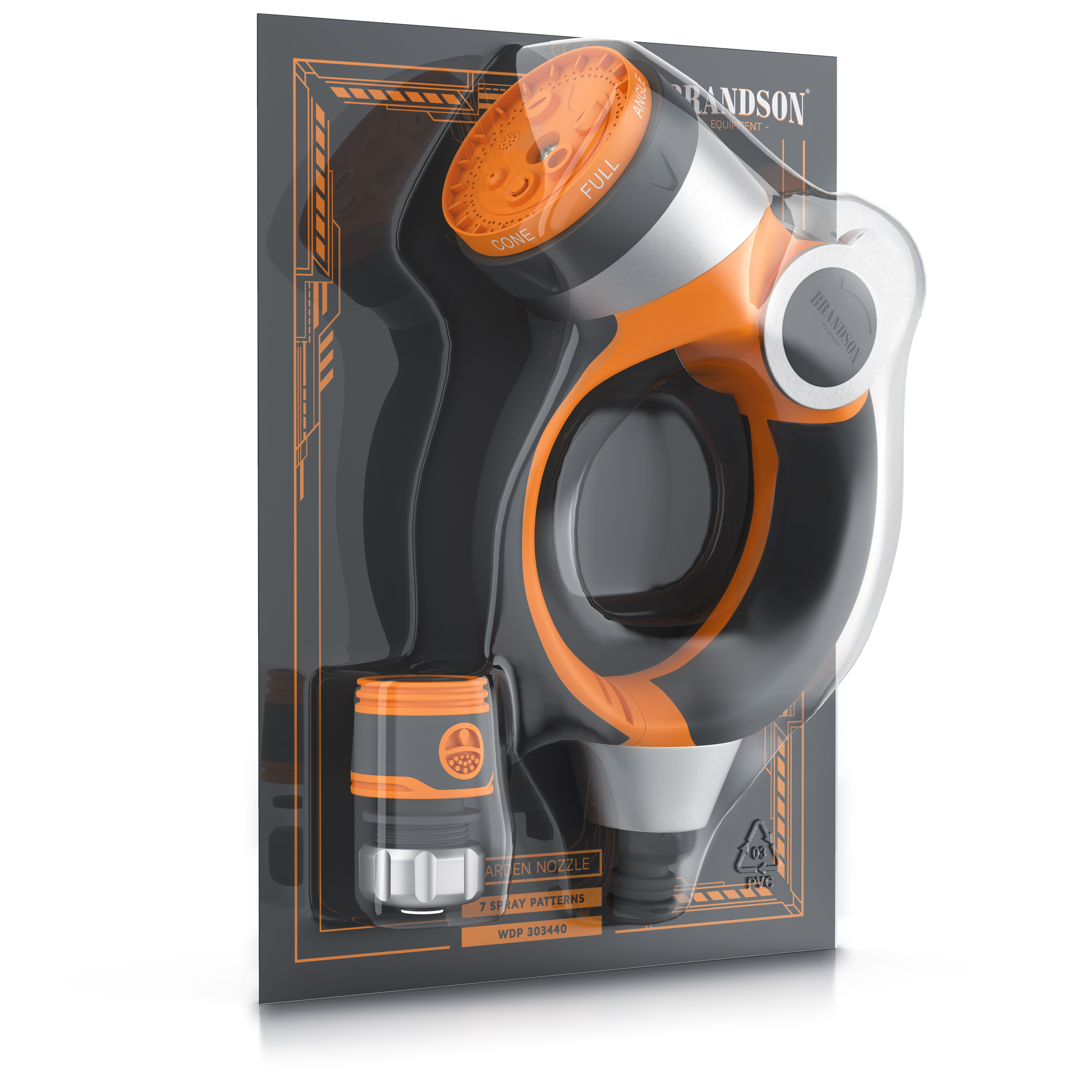 Eine orange-schwarze Gartenbrause in Blisterverpackung mit einem Steckadapter.