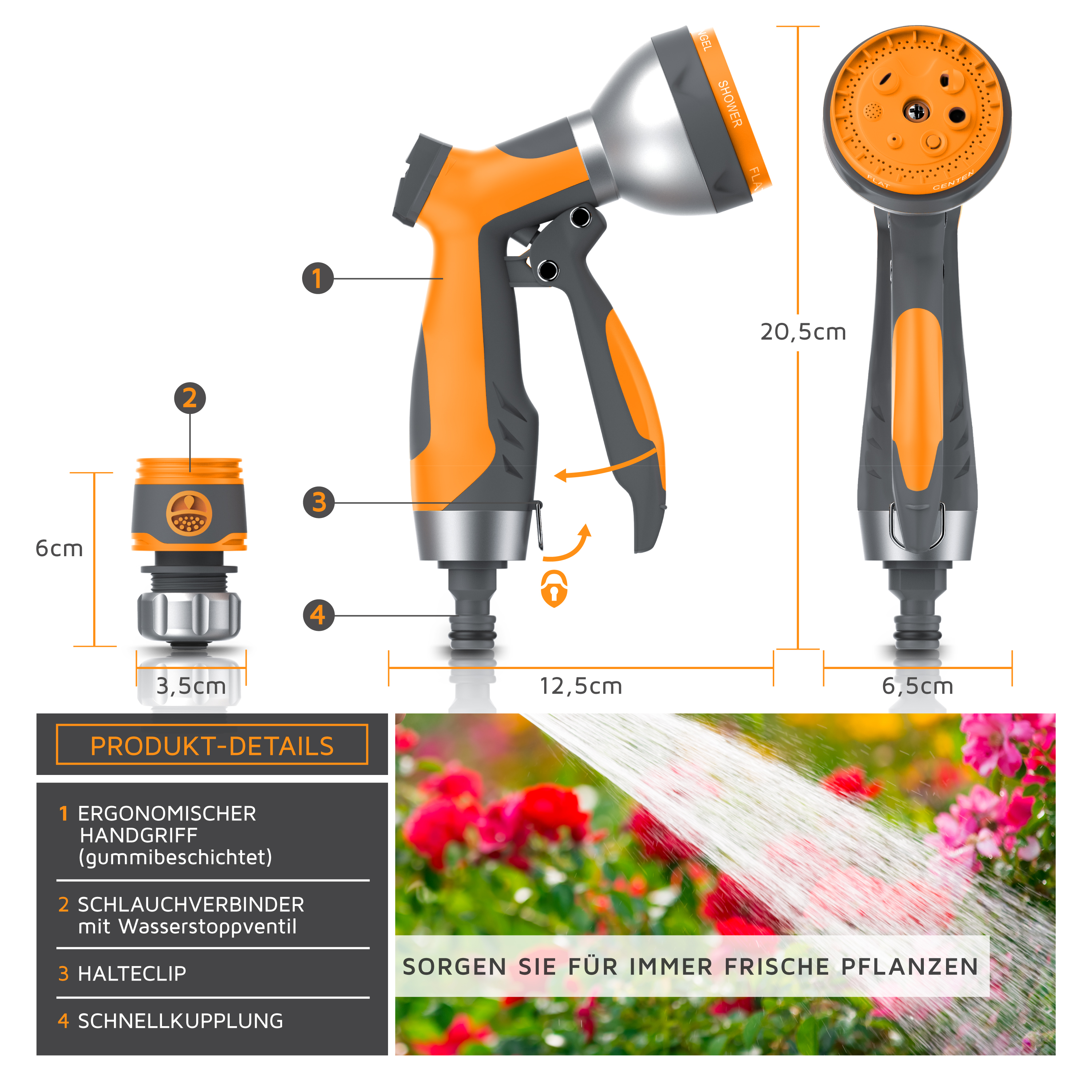 Oranger und grauer Gartenschlauchnopf mit Maßen, Teileliste und Bewässerungsfoto.