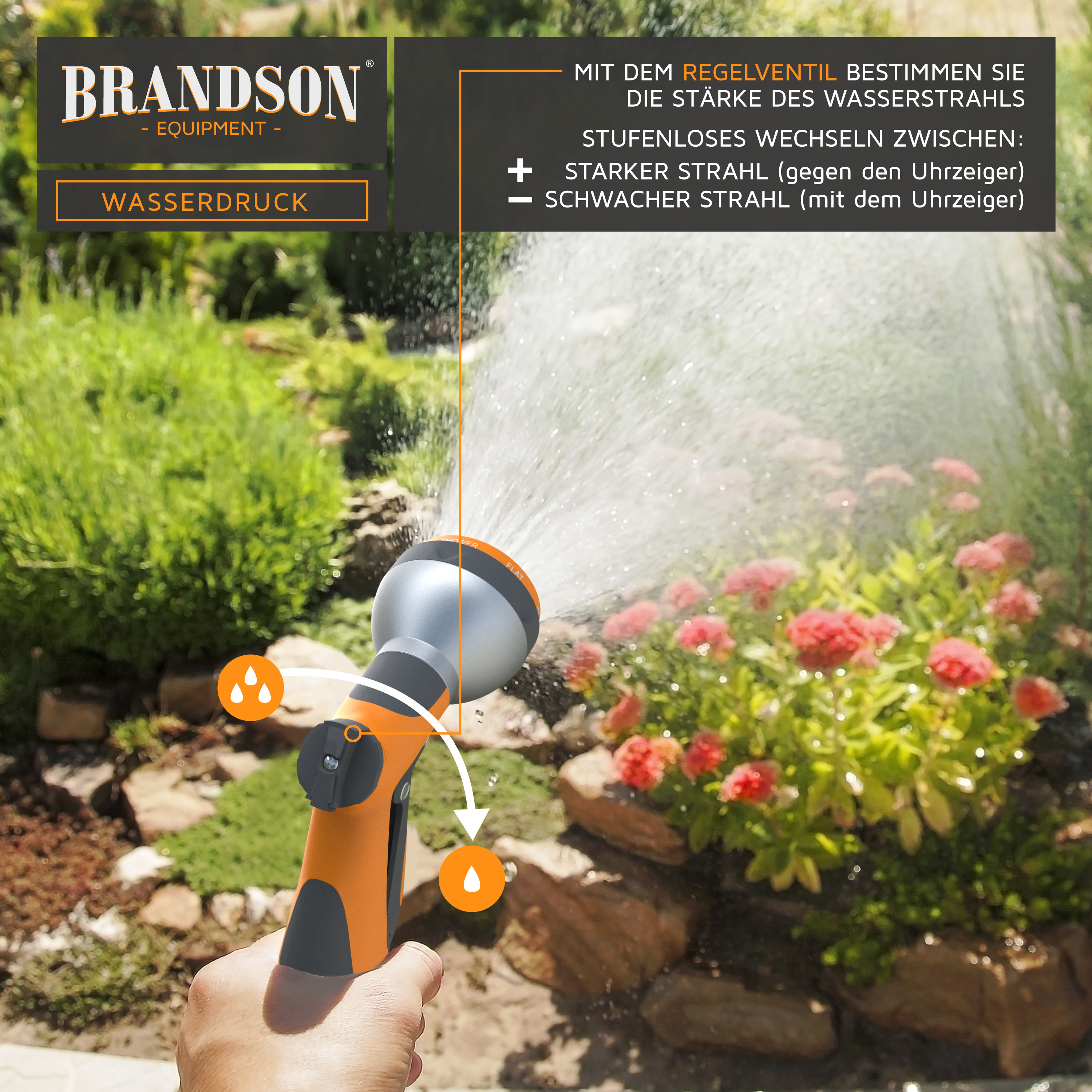 Eine orange-graue Spritzpistole bewässert Blumen in einem Garten, mit deutschen Texten zur Wasserdruckregelung.