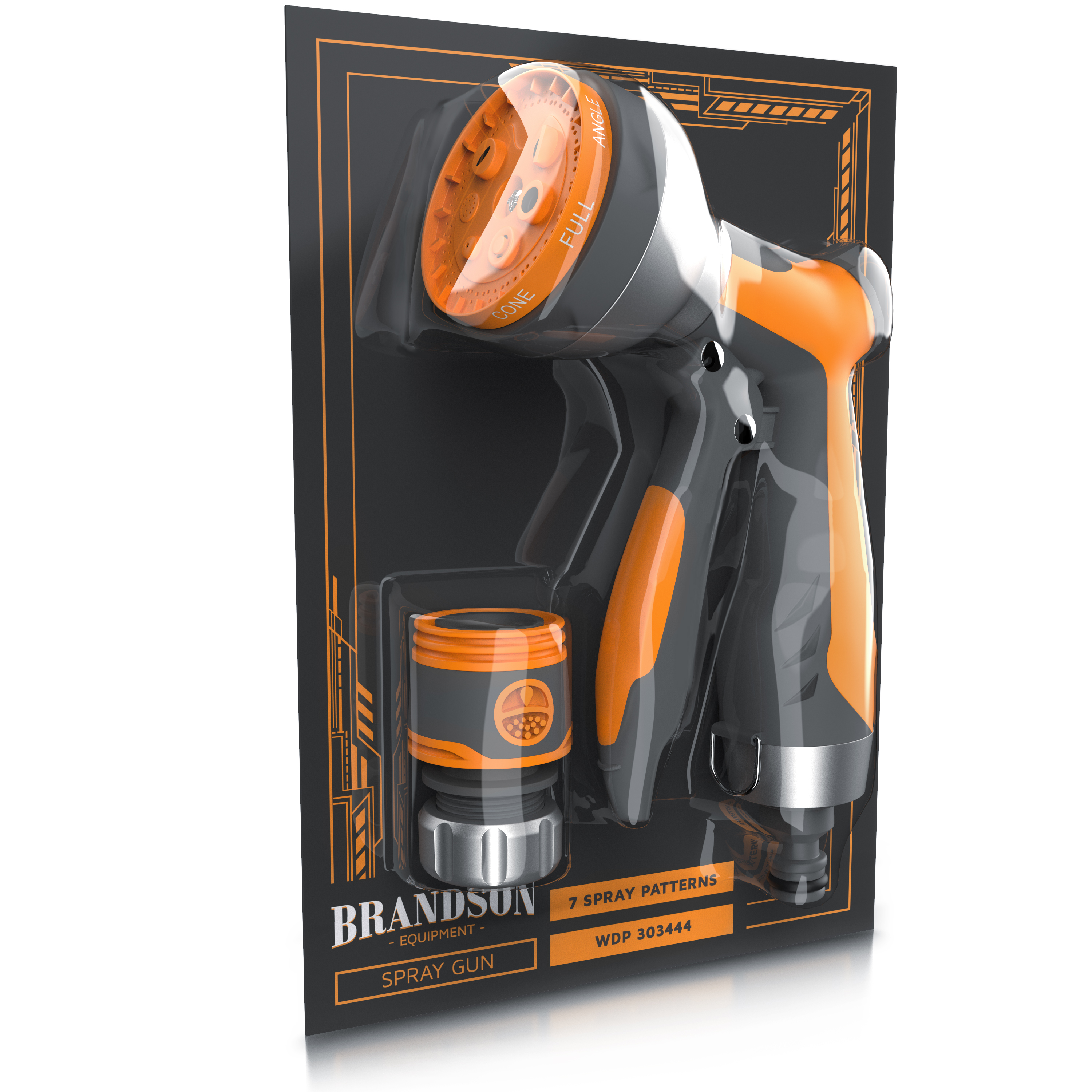 Brandson Spritzpistole mit Zubehör in schwarz-oranger Blisterverpackung auf weißem Hintergrund.