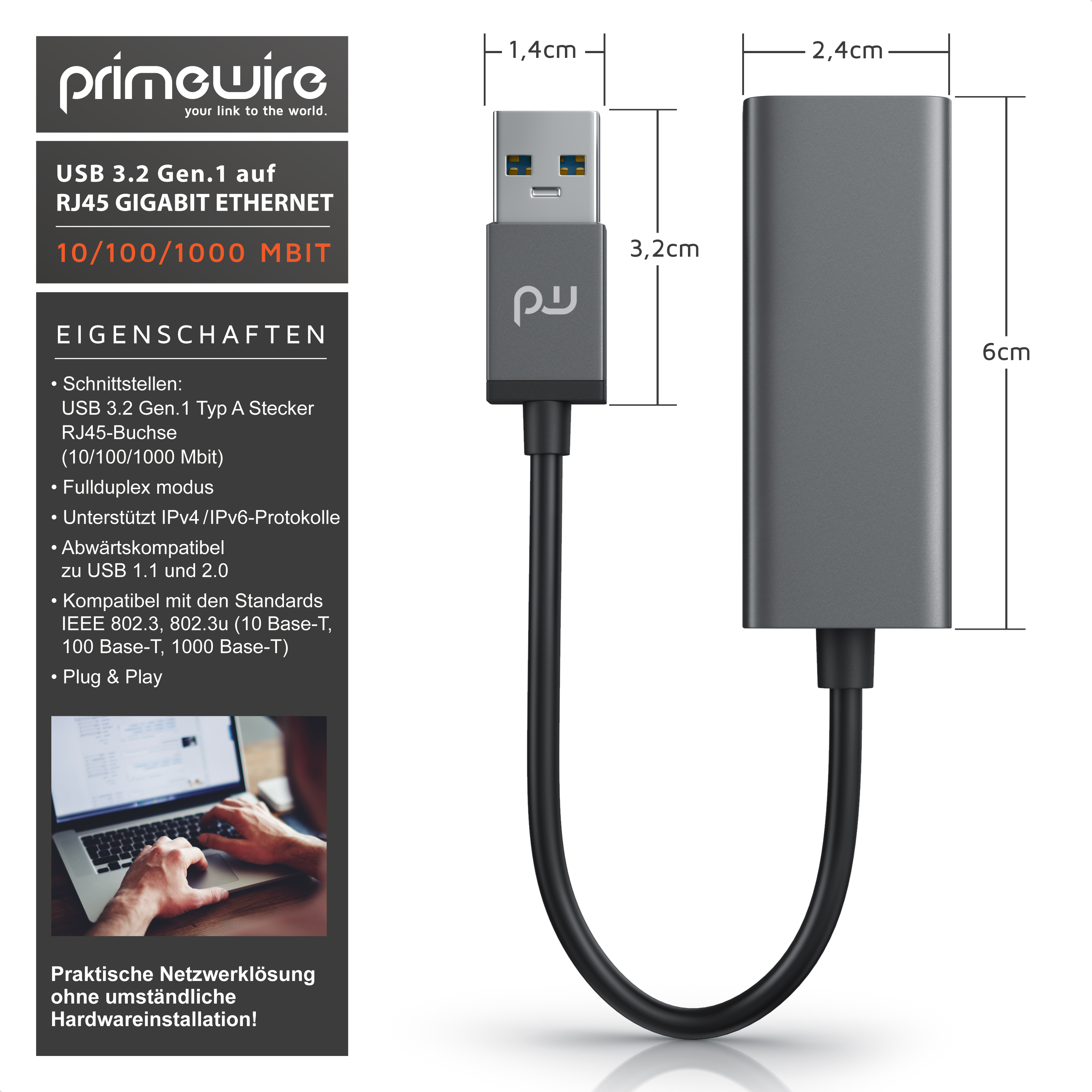 Technische Zeichnung eines Primewire USB-zu-Ethernet-Adapters mit Abmessungen, Spezifikationen und Anwendung.