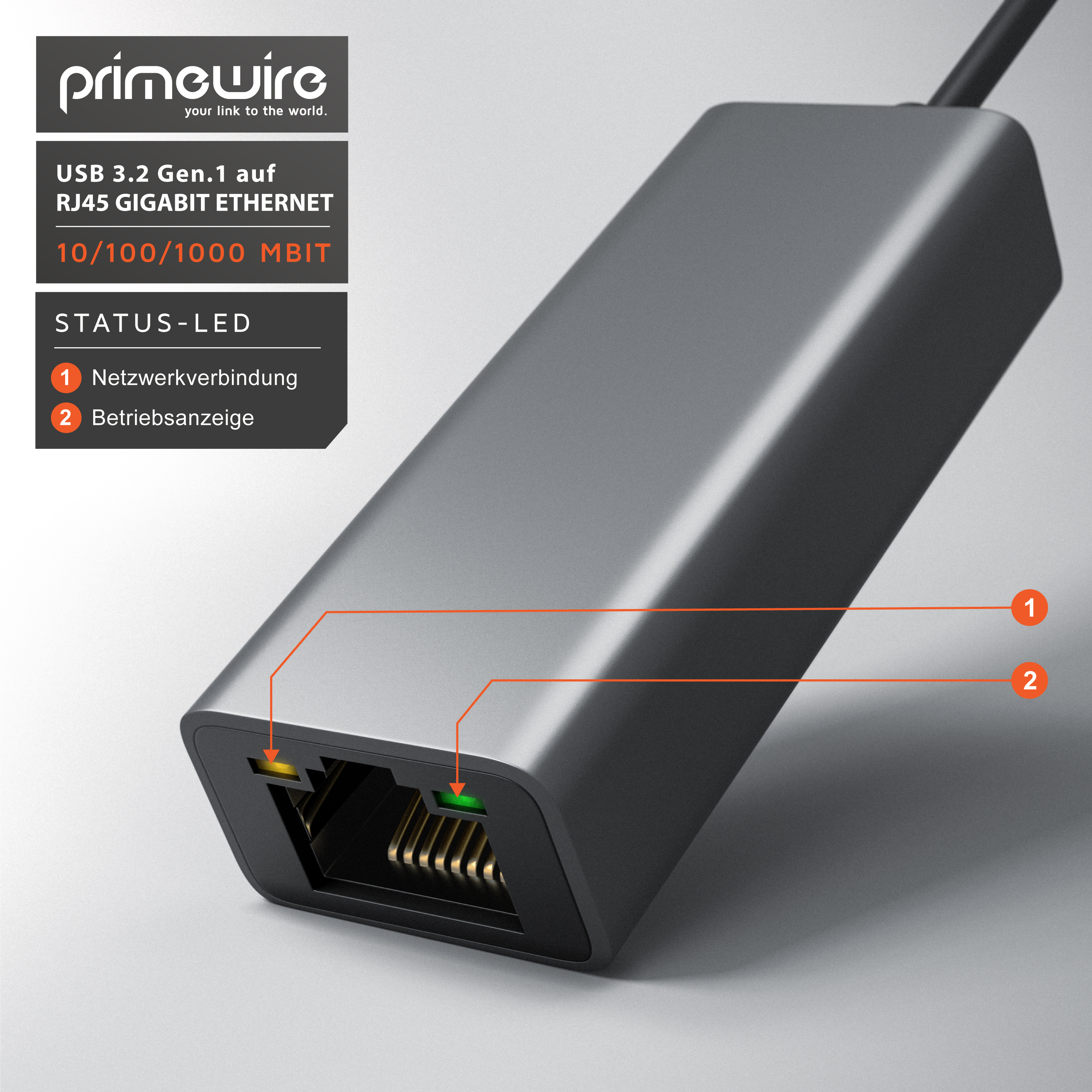 Grauer Primewire USB auf RJ45 Gigabit Ethernet Adapter mit zwei Status-LEDs und Beschriftung.