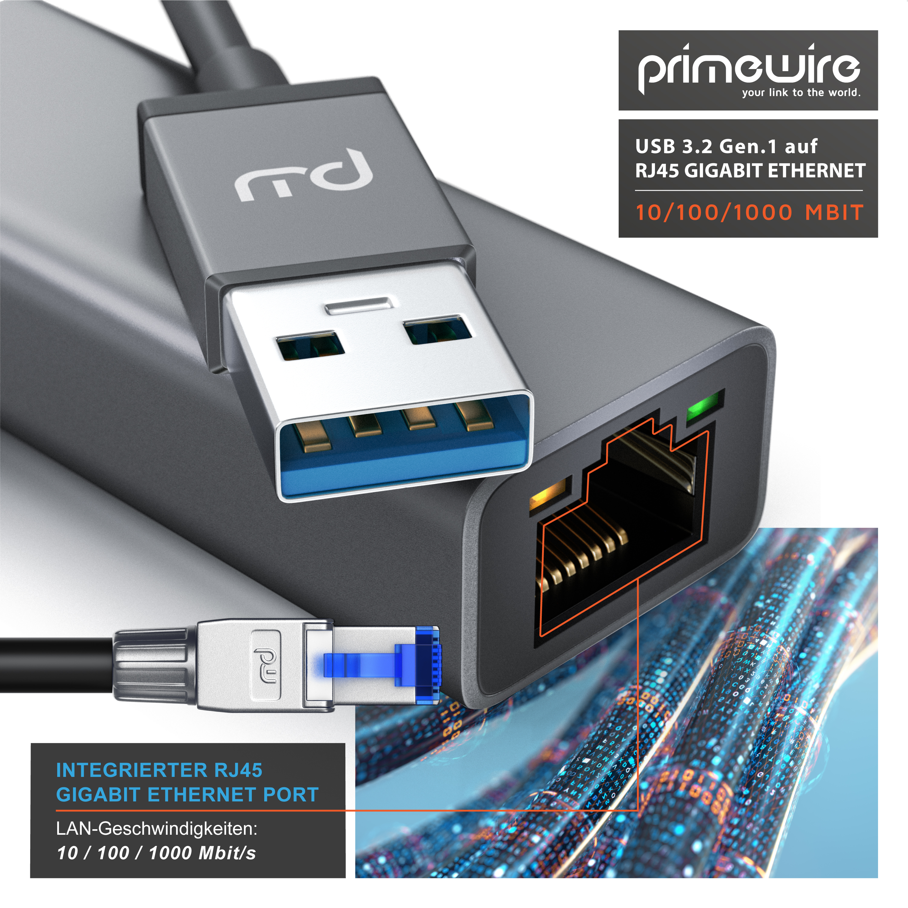 Grauer USB 3.0-zu-Gigabit-Ethernet-Adapter mit Kabel und RJ45-Anschluss.