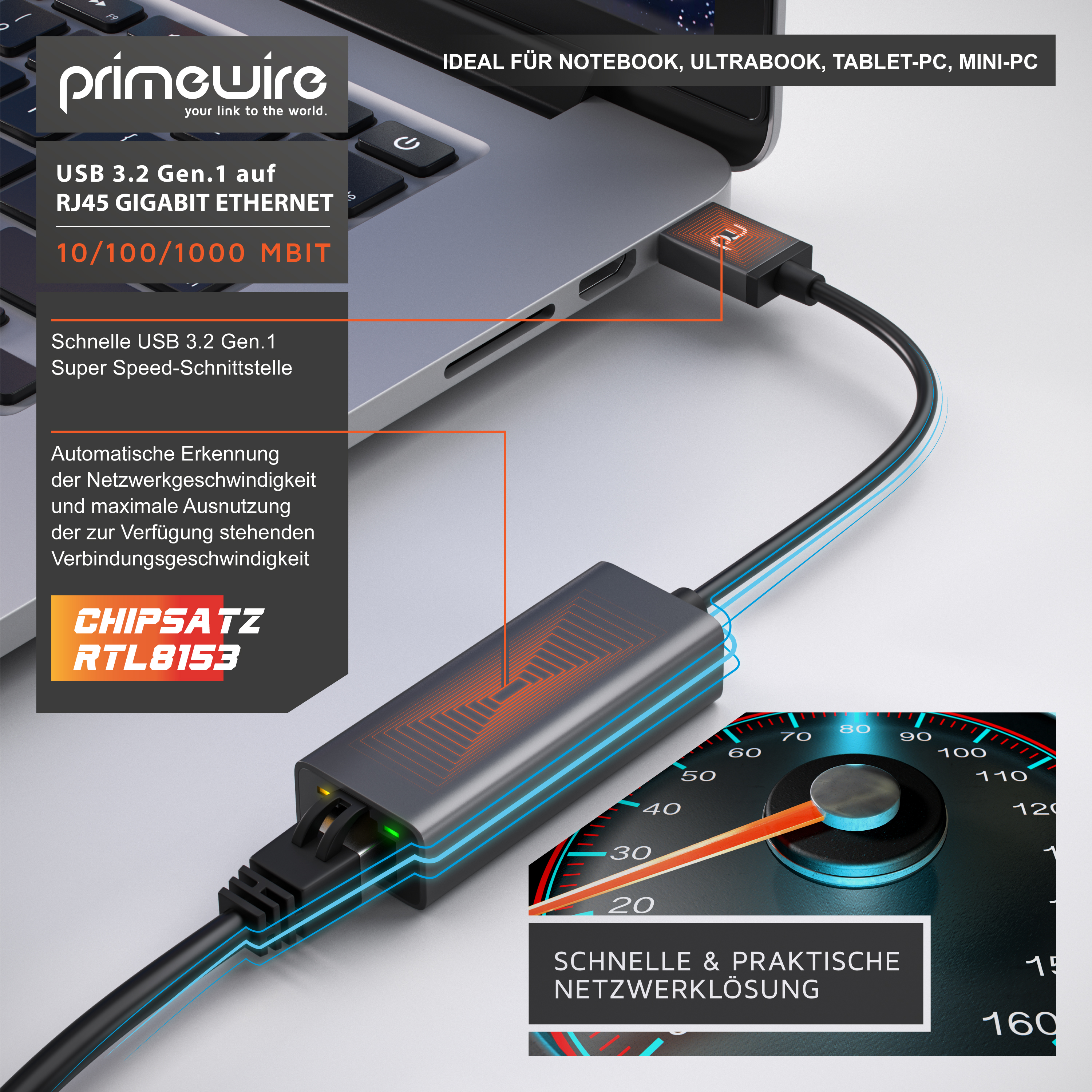 Ein Primewire USB-Adapter verbindet einen Laptop mit einem Ethernet-Kabel, dargestellt mit Geschwindigkeitsangaben.