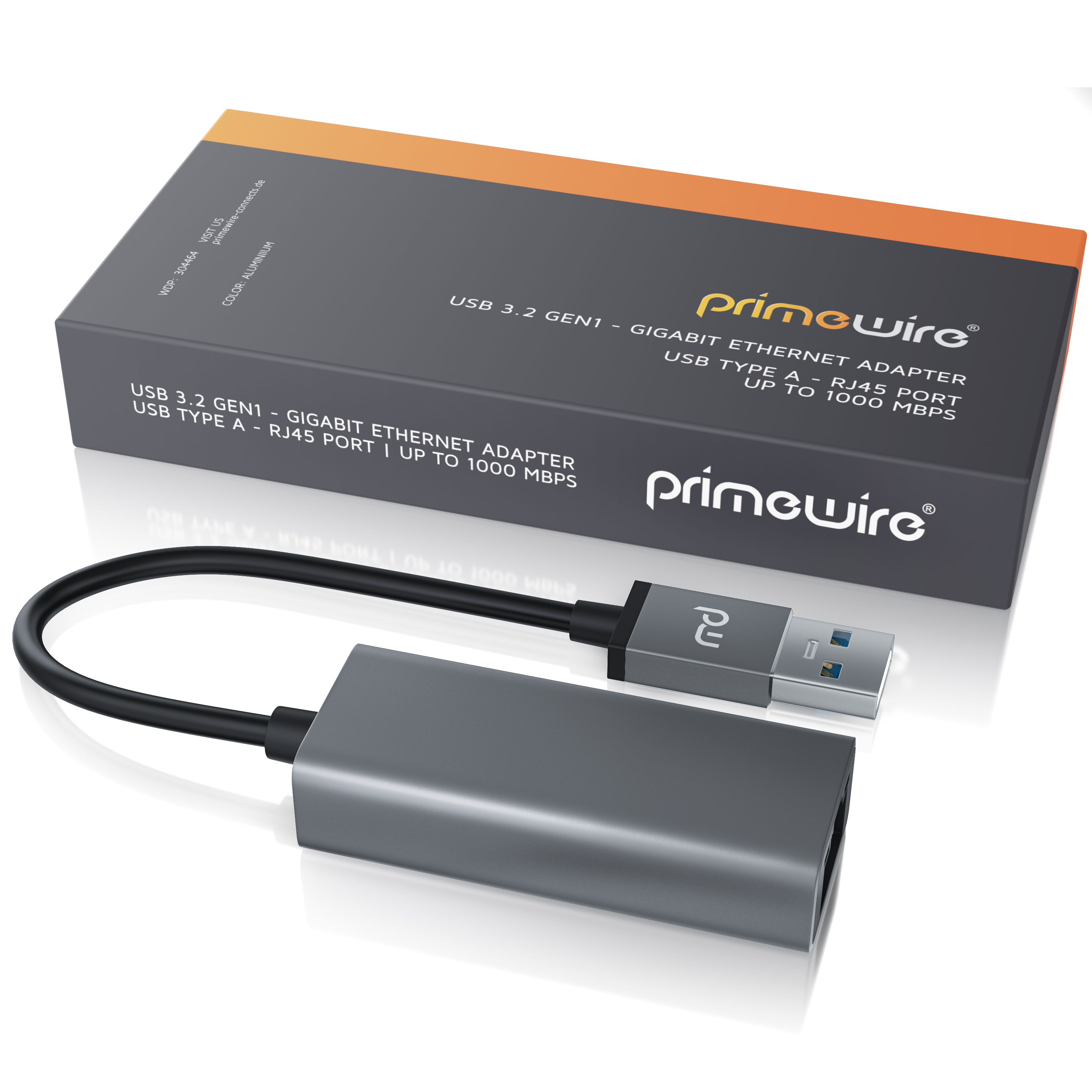 Ein Primewire USB-zu-Ethernet-Adapter mit grauem Karton, schwarzem Kabel und silbernen Anschlüssen.